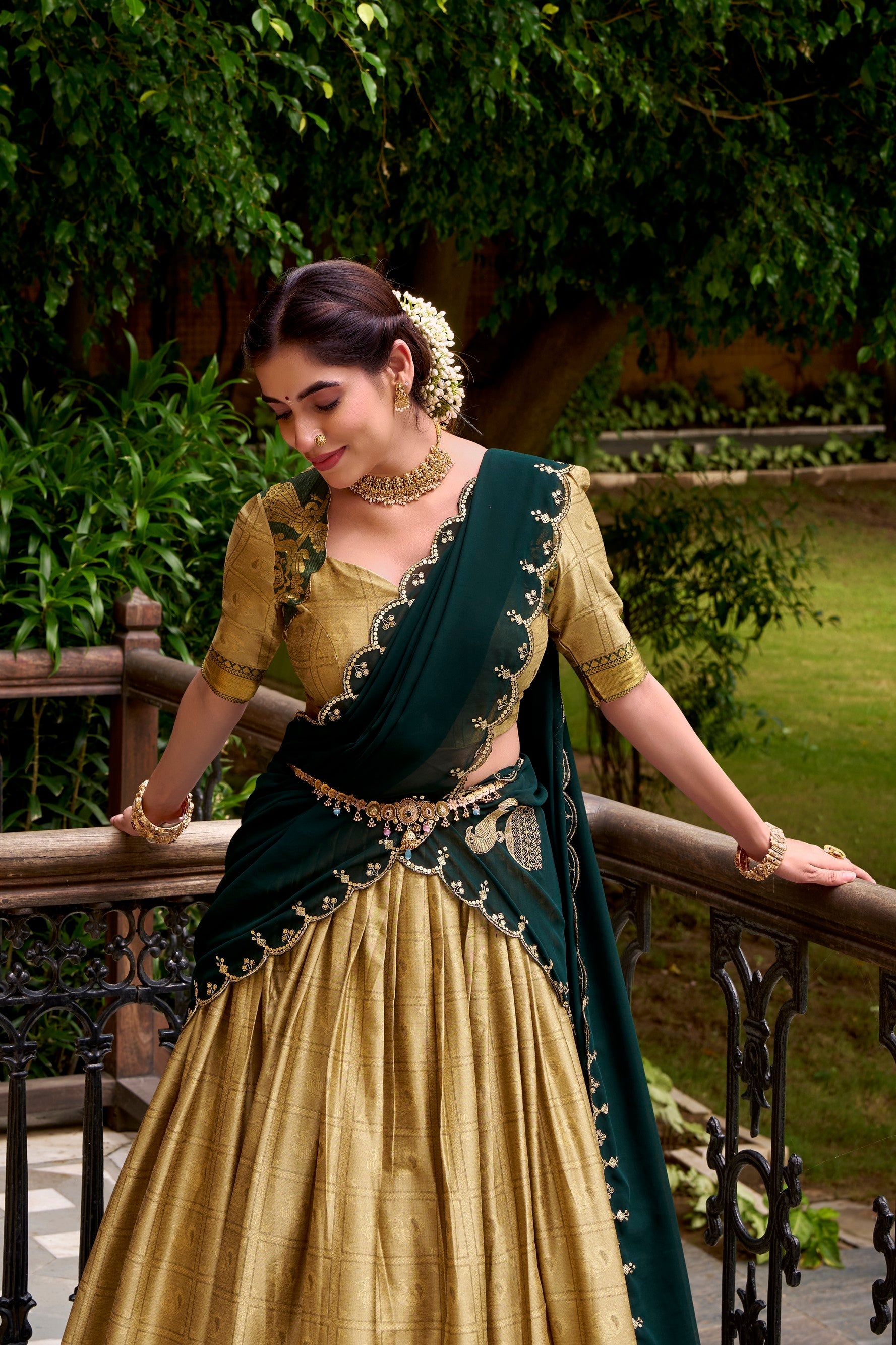 Lorenvalley Fashion Cream Poly Cotton Zari Weaving Work Lehenga Choli with Dupatta - Swadesiicart