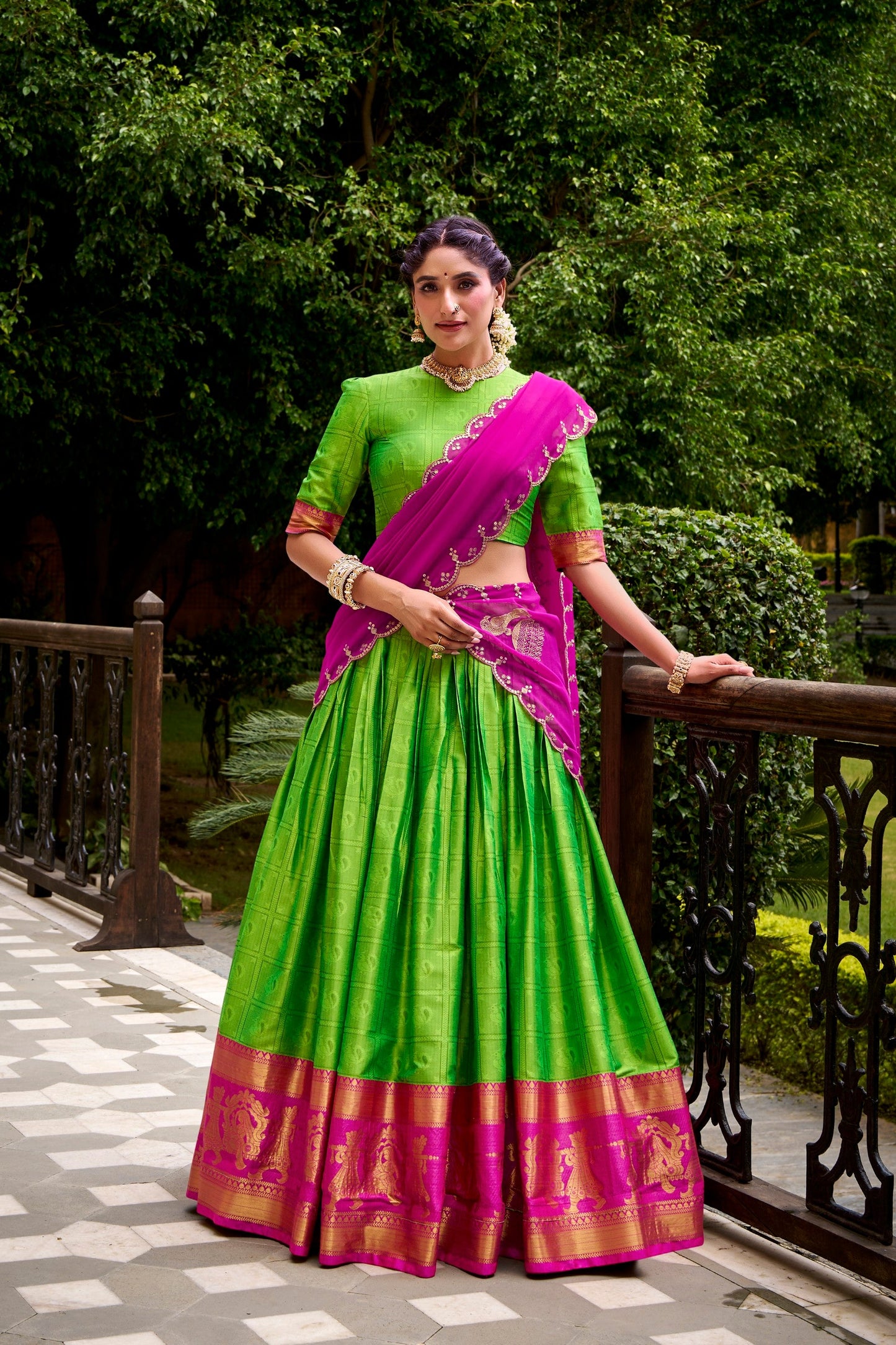 Lorenvalley Fashion Parrot Green Poly Cotton Zari Weaving Work Lehenga Choli with Dupatta - Swadesiicart