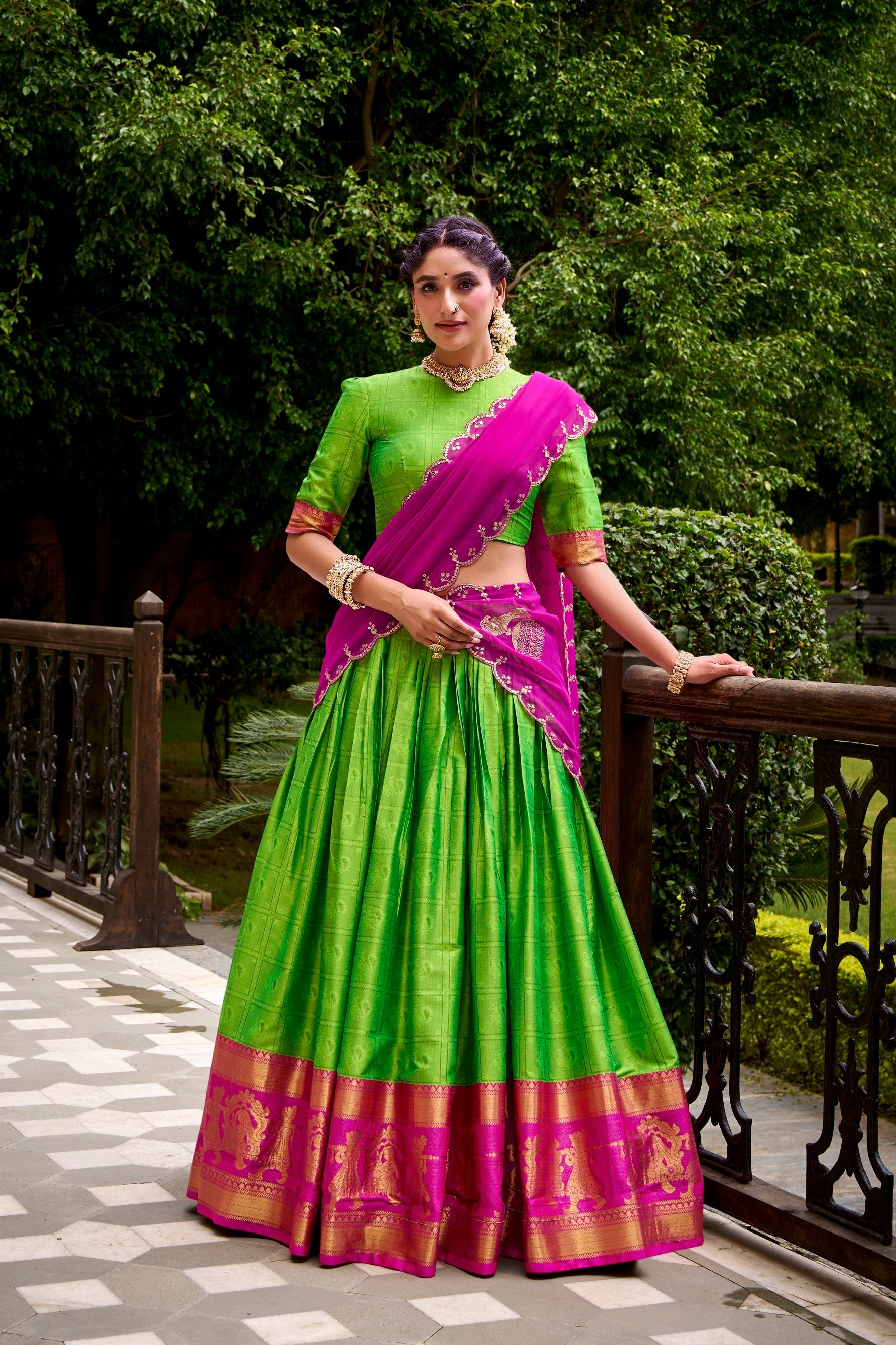 Lorenvalley Fashion Parrot Green Poly Cotton Zari Weaving Work Lehenga Choli with Dupatta - Swadesiicart