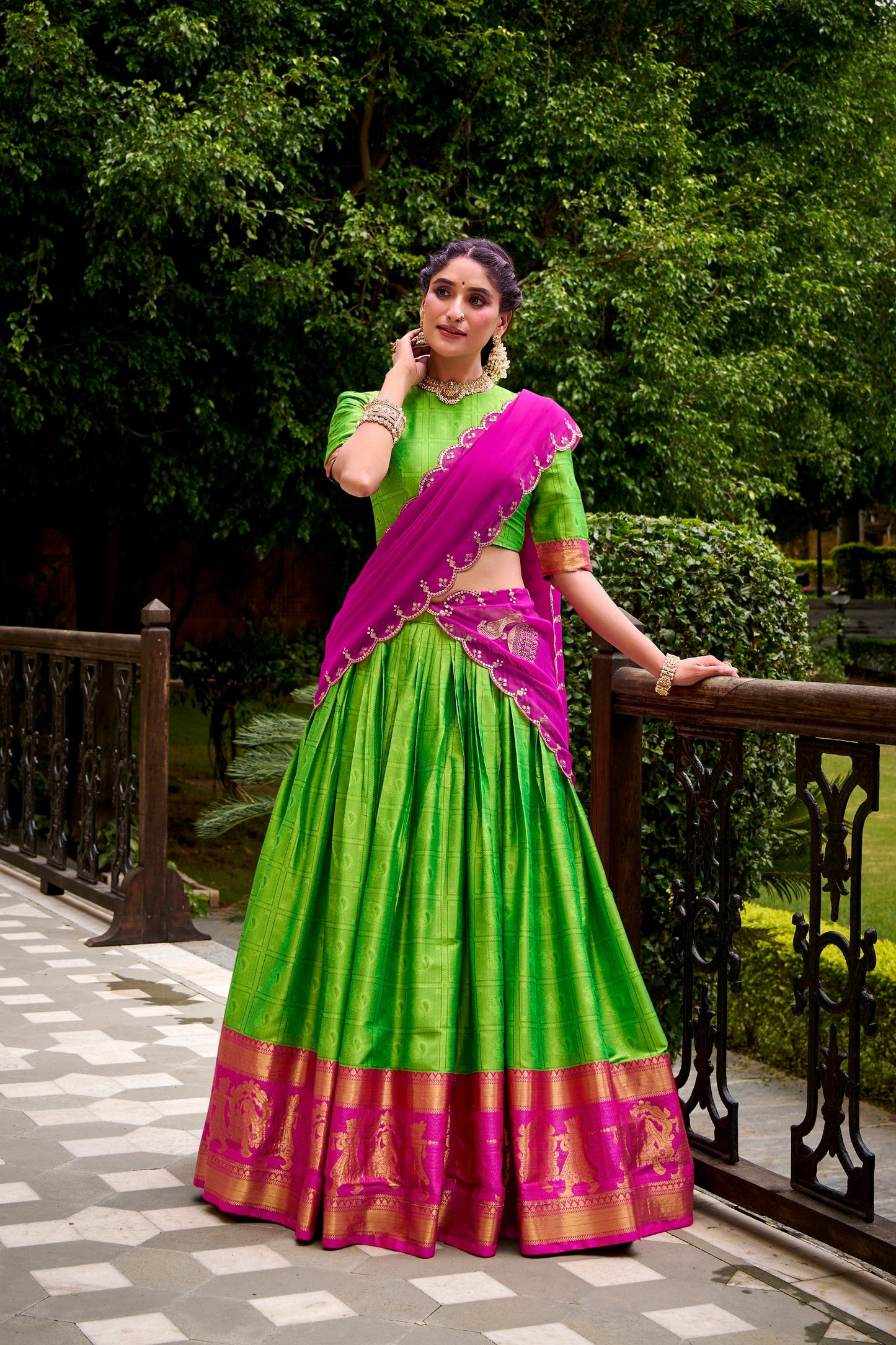 Lorenvalley Fashion Parrot Green Poly Cotton Zari Weaving Work Lehenga Choli with Dupatta - Swadesiicart