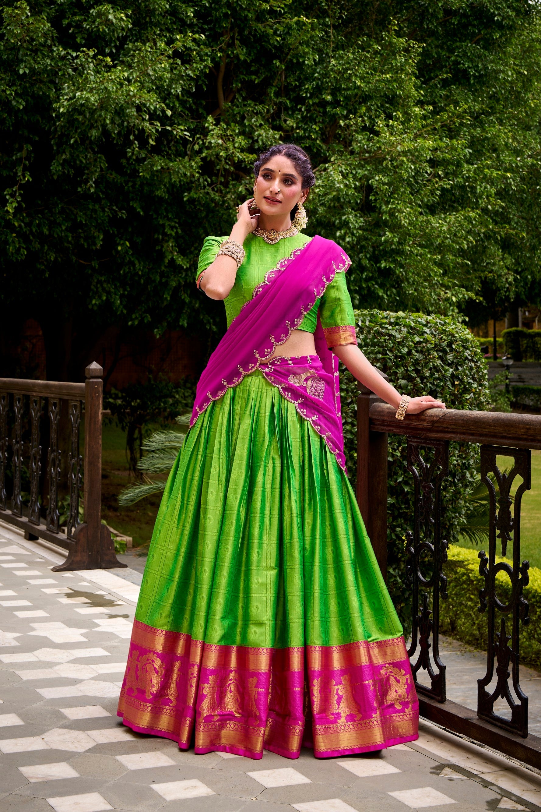 Lorenvalley Fashion Parrot Green Poly Cotton Zari Weaving Work Lehenga Choli with Dupatta - Swadesiicart