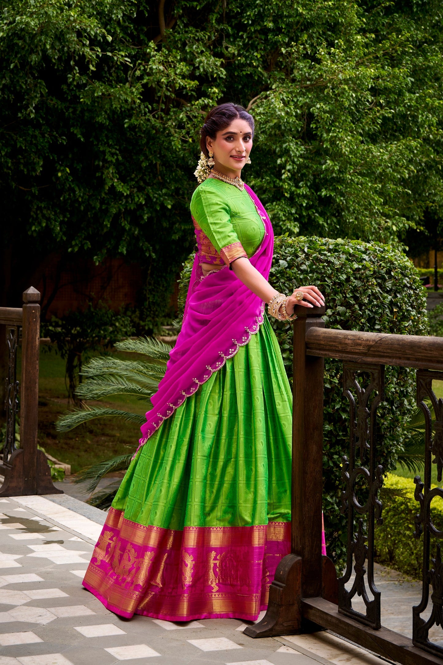 Lorenvalley Fashion Parrot Green Poly Cotton Zari Weaving Work Lehenga Choli with Dupatta - Swadesiicart