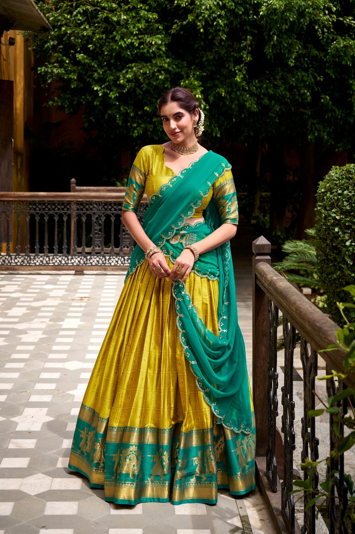 Lorenvalley Fashion Yellow Poly Cotton Zari Weaving Work Lehenga Choli with Dupatta - Swadesiicart