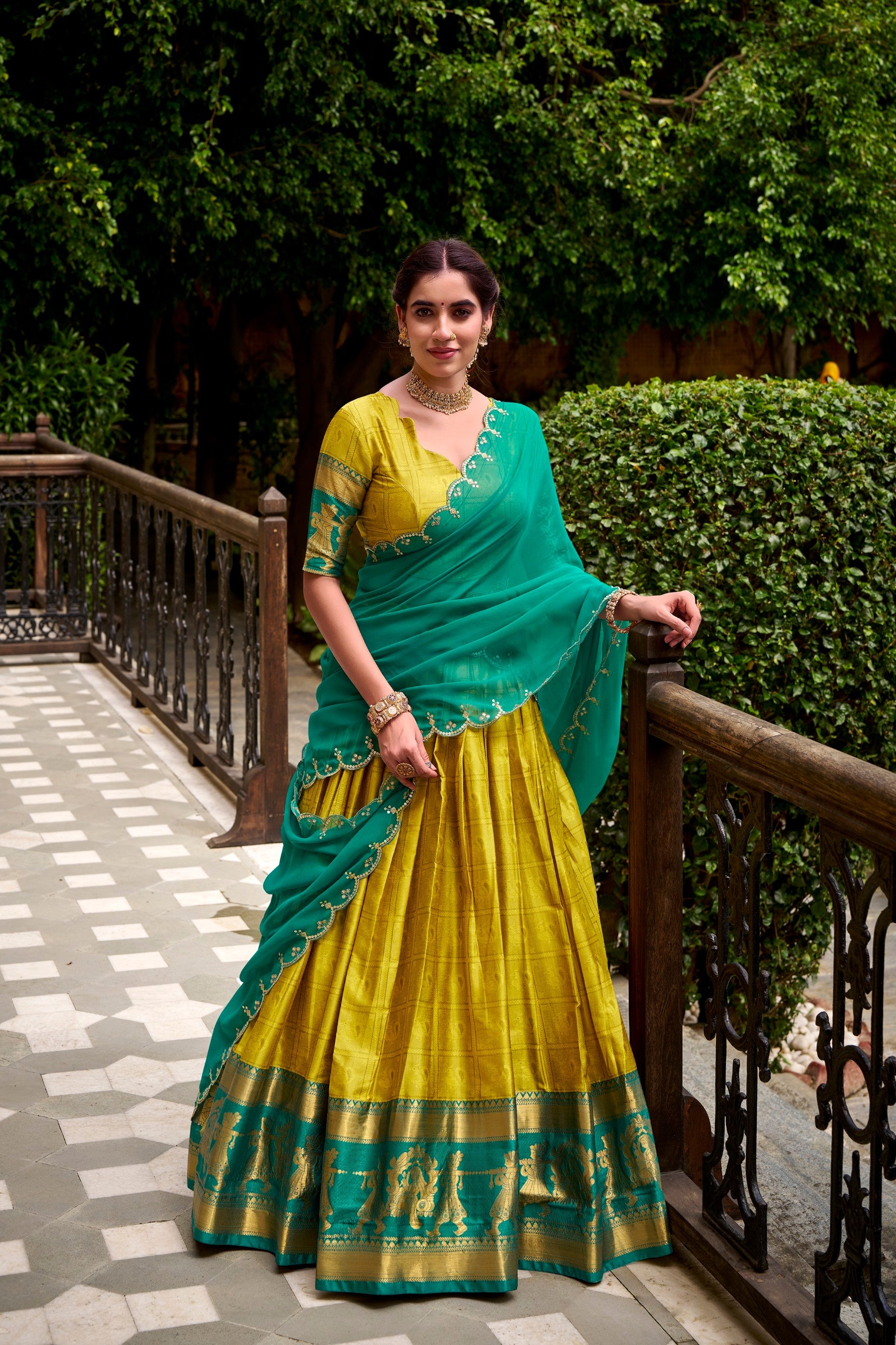 Lorenvalley Fashion Yellow Poly Cotton Zari Weaving Work Lehenga Choli with Dupatta - Swadesiicart