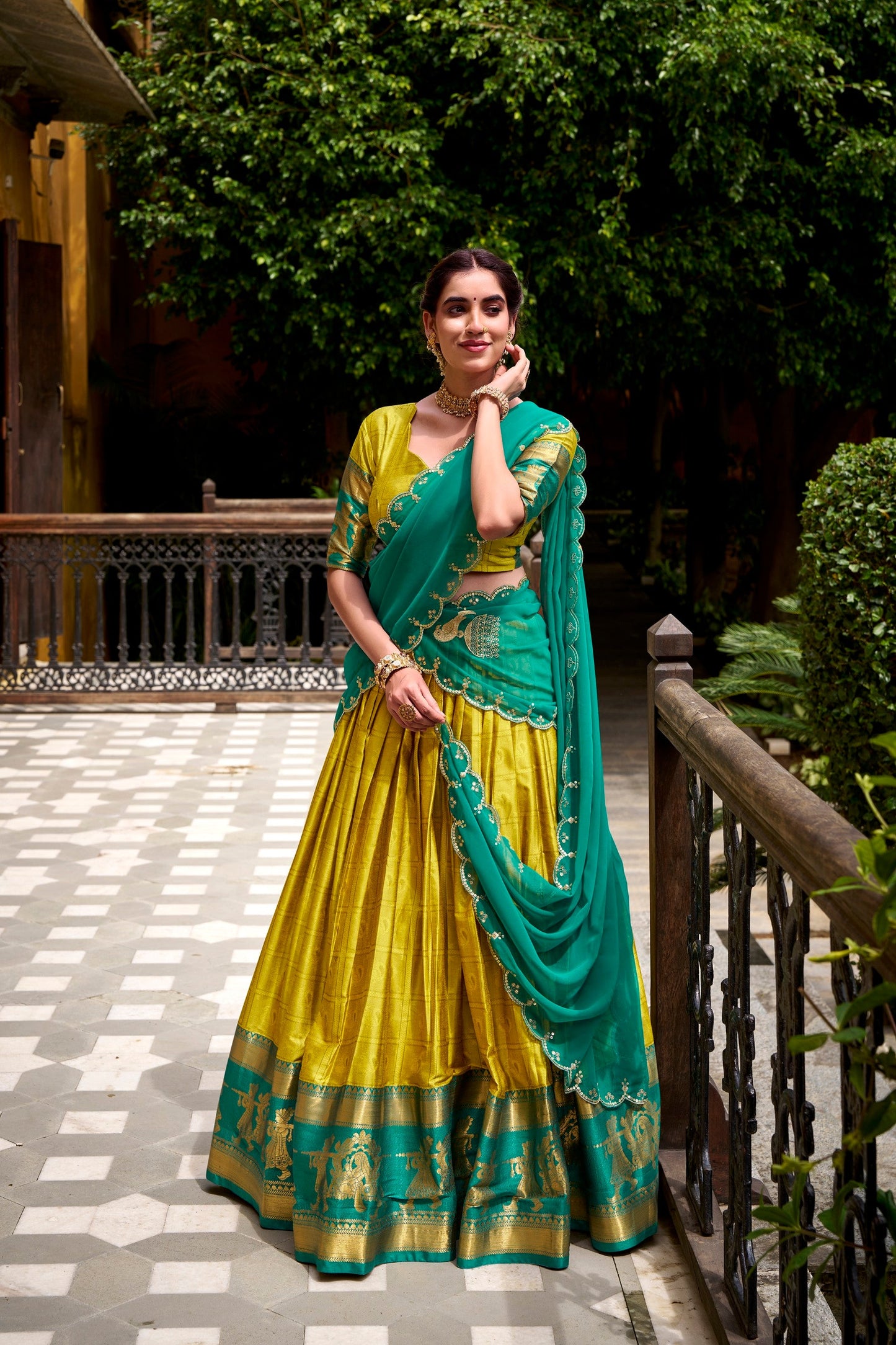 Lorenvalley Fashion Yellow Poly Cotton Zari Weaving Work Lehenga Choli with Dupatta - Swadesiicart