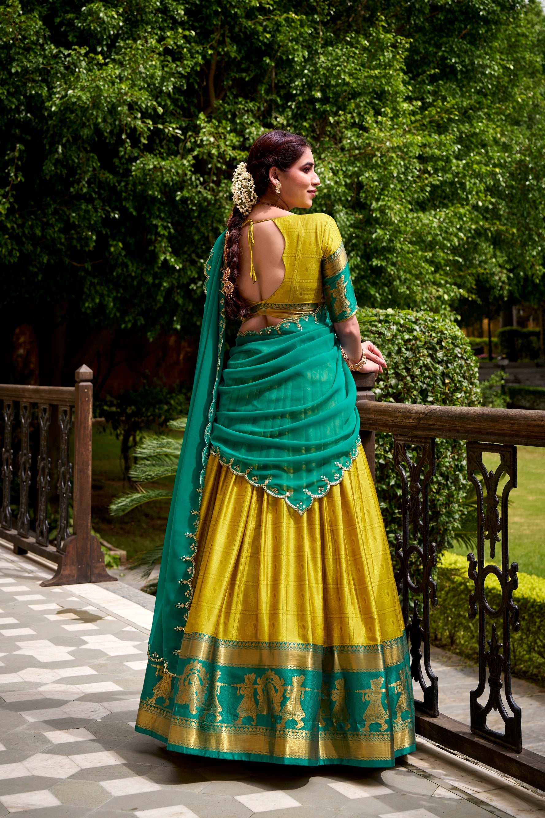 Lorenvalley Fashion Yellow Poly Cotton Zari Weaving Work Lehenga Choli with Dupatta - Swadesiicart