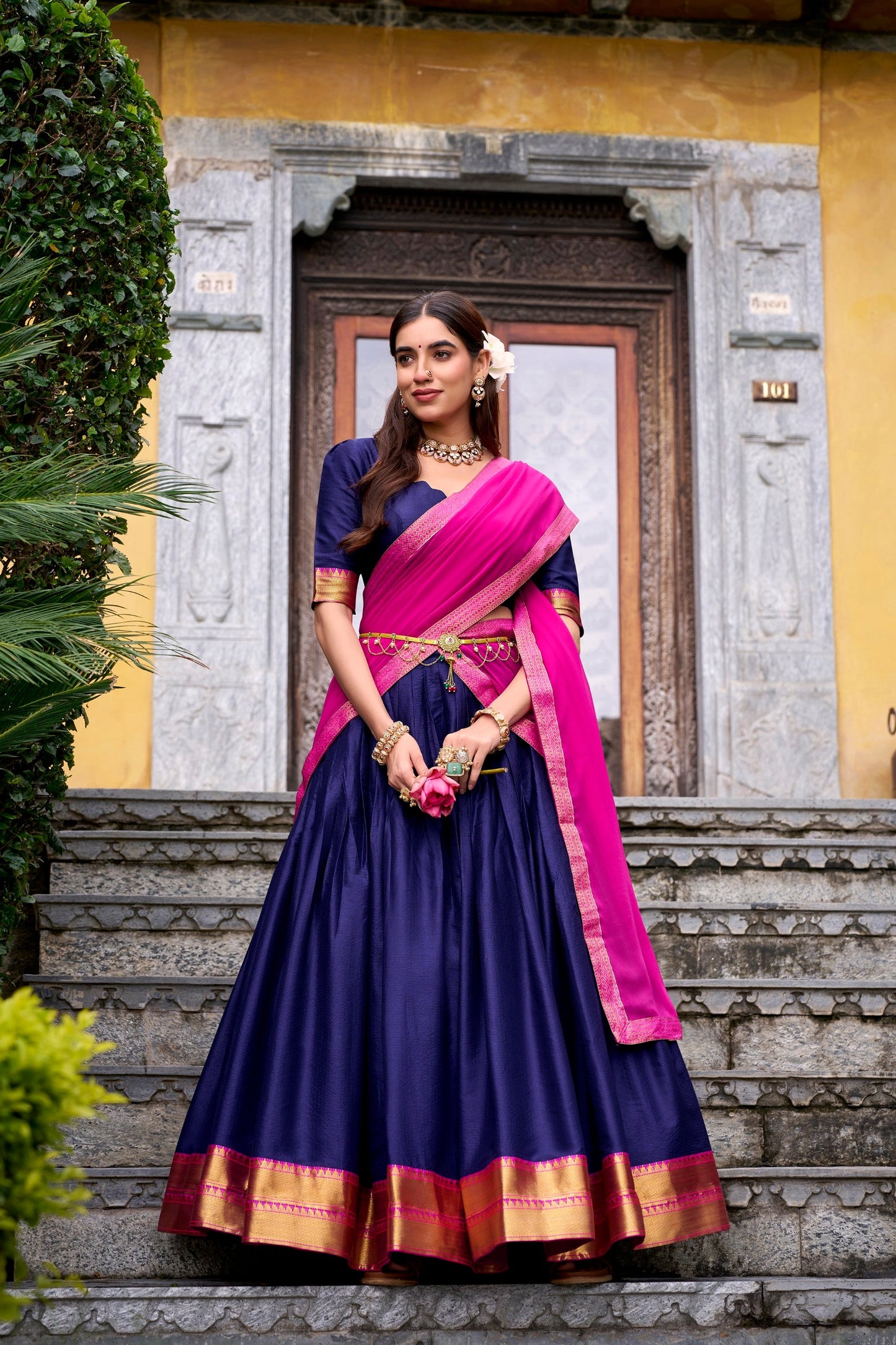 Lorenvalley Fashion Navyblue Poly Cotton Zari Weaving Work Lehenga Choli with Dupatta - Swadesiicart