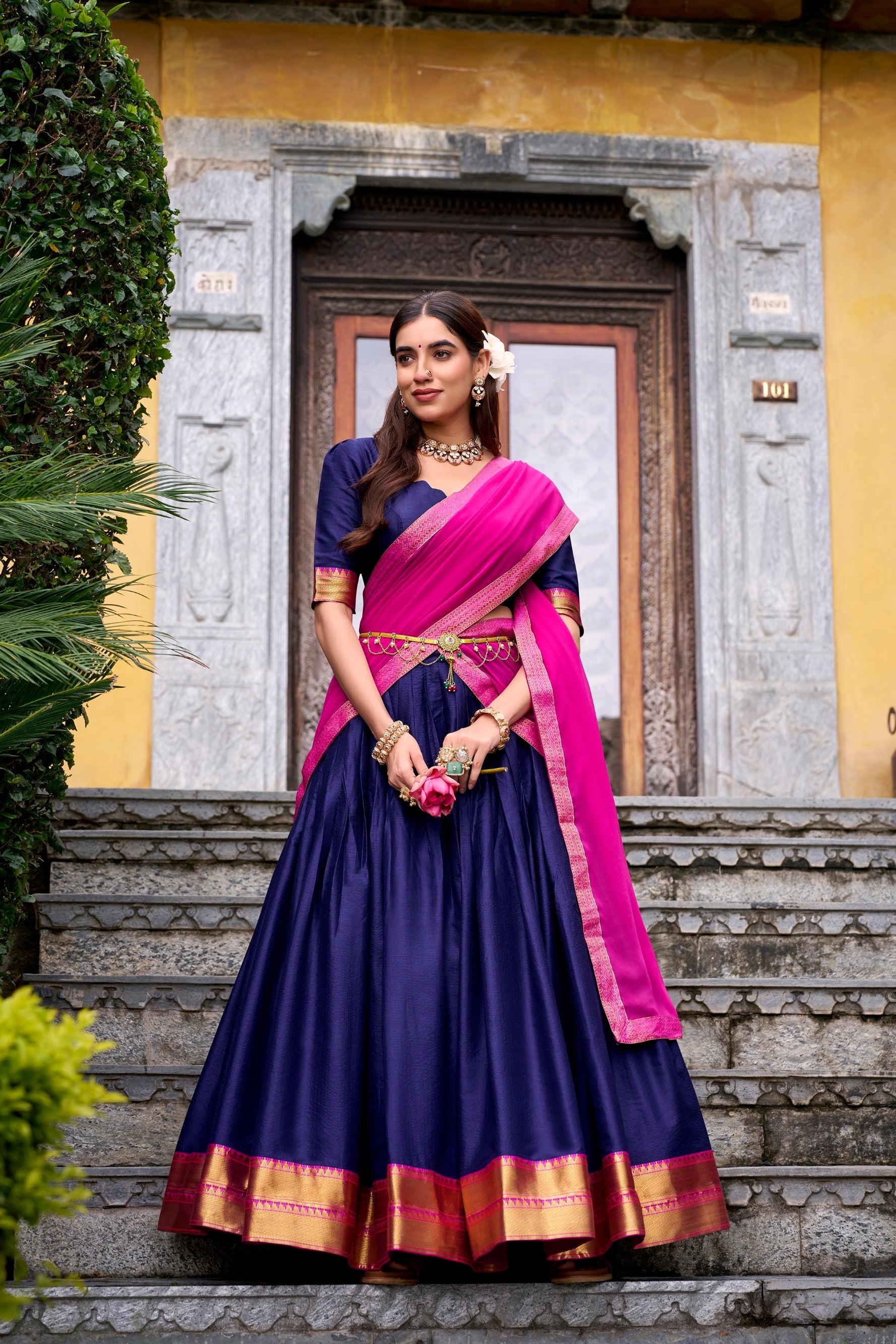 Lorenvalley Fashion Navyblue Poly Cotton Zari Weaving Work Lehenga Choli with Dupatta - Swadesiicart