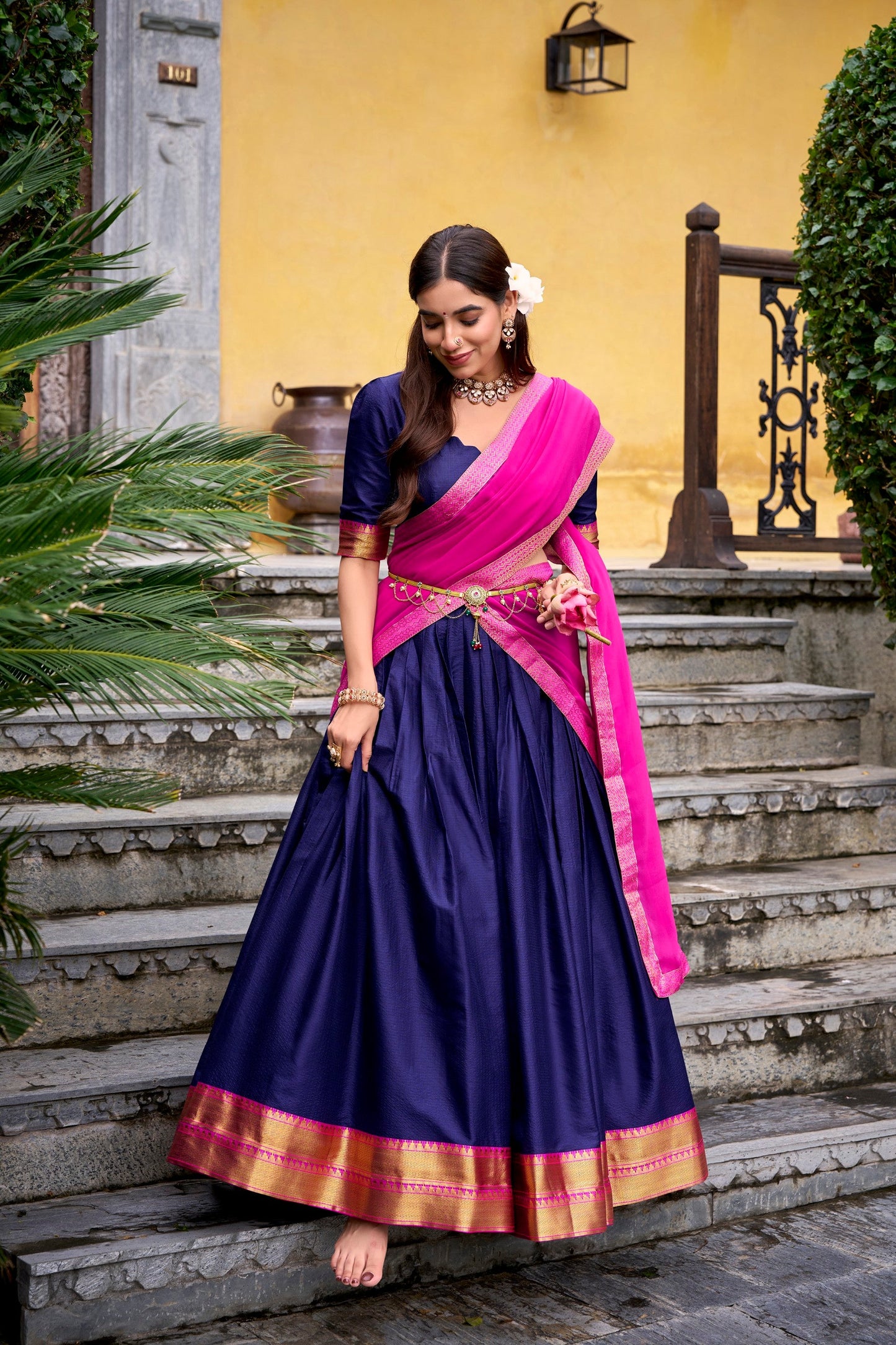 Lorenvalley Fashion Navyblue Poly Cotton Zari Weaving Work Lehenga Choli with Dupatta - Swadesiicart
