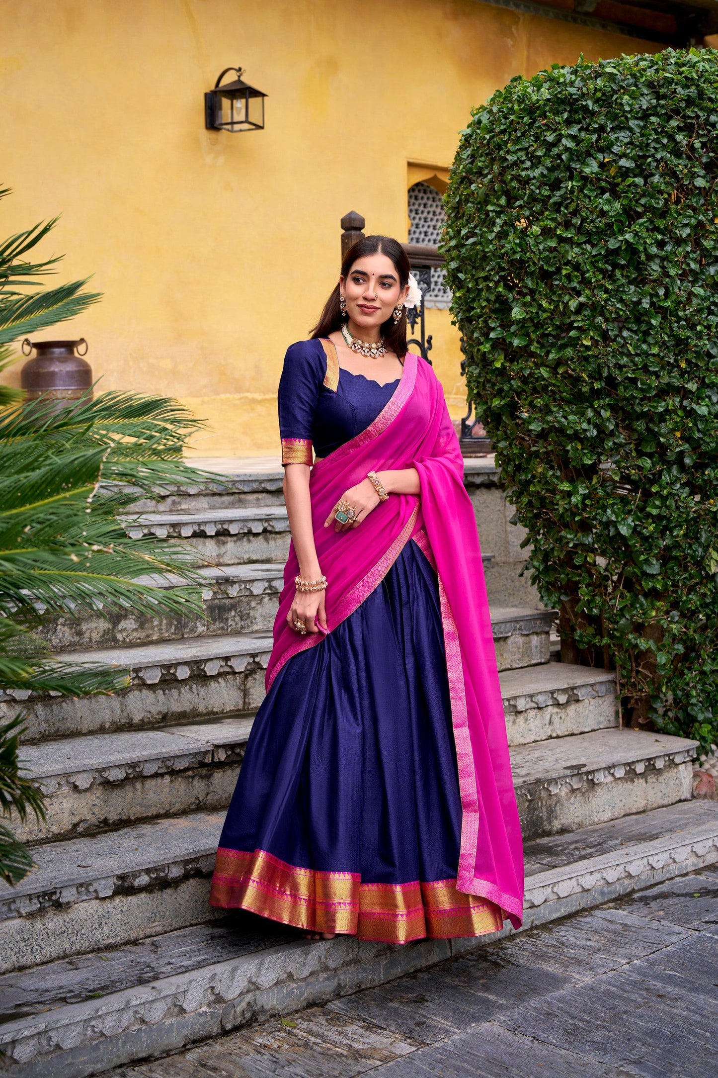 Lorenvalley Fashion Navyblue Poly Cotton Zari Weaving Work Lehenga Choli with Dupatta - Swadesiicart