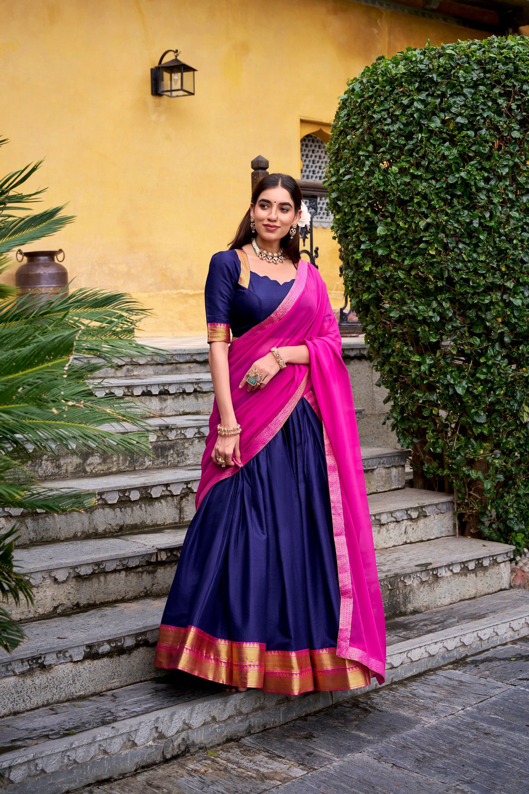 Lorenvalley Fashion Navyblue Poly Cotton Zari Weaving Work Lehenga Choli with Dupatta - Swadesiicart
