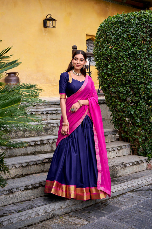 Lorenvalley Fashion Navyblue Poly Cotton Zari Weaving Work Lehenga Choli with Dupatta - Swadesiicart