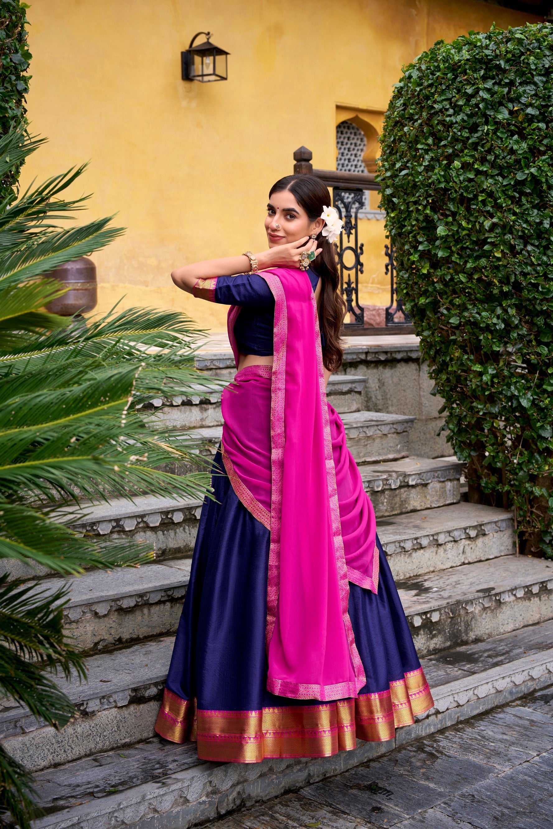Lorenvalley Fashion Navyblue Poly Cotton Zari Weaving Work Lehenga Choli with Dupatta - Swadesiicart