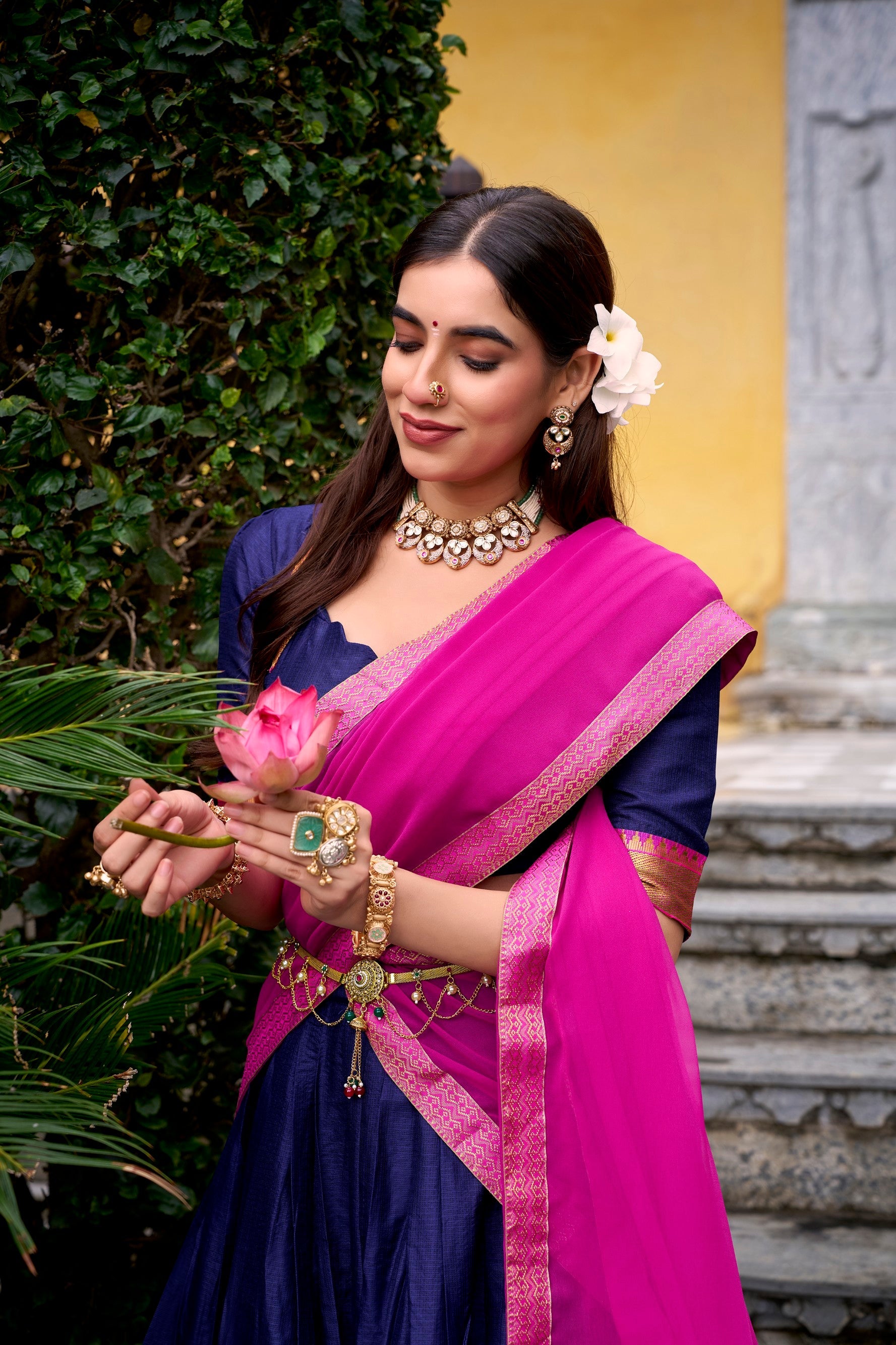 Lorenvalley Fashion Navyblue Poly Cotton Zari Weaving Work Lehenga Choli with Dupatta - Swadesiicart