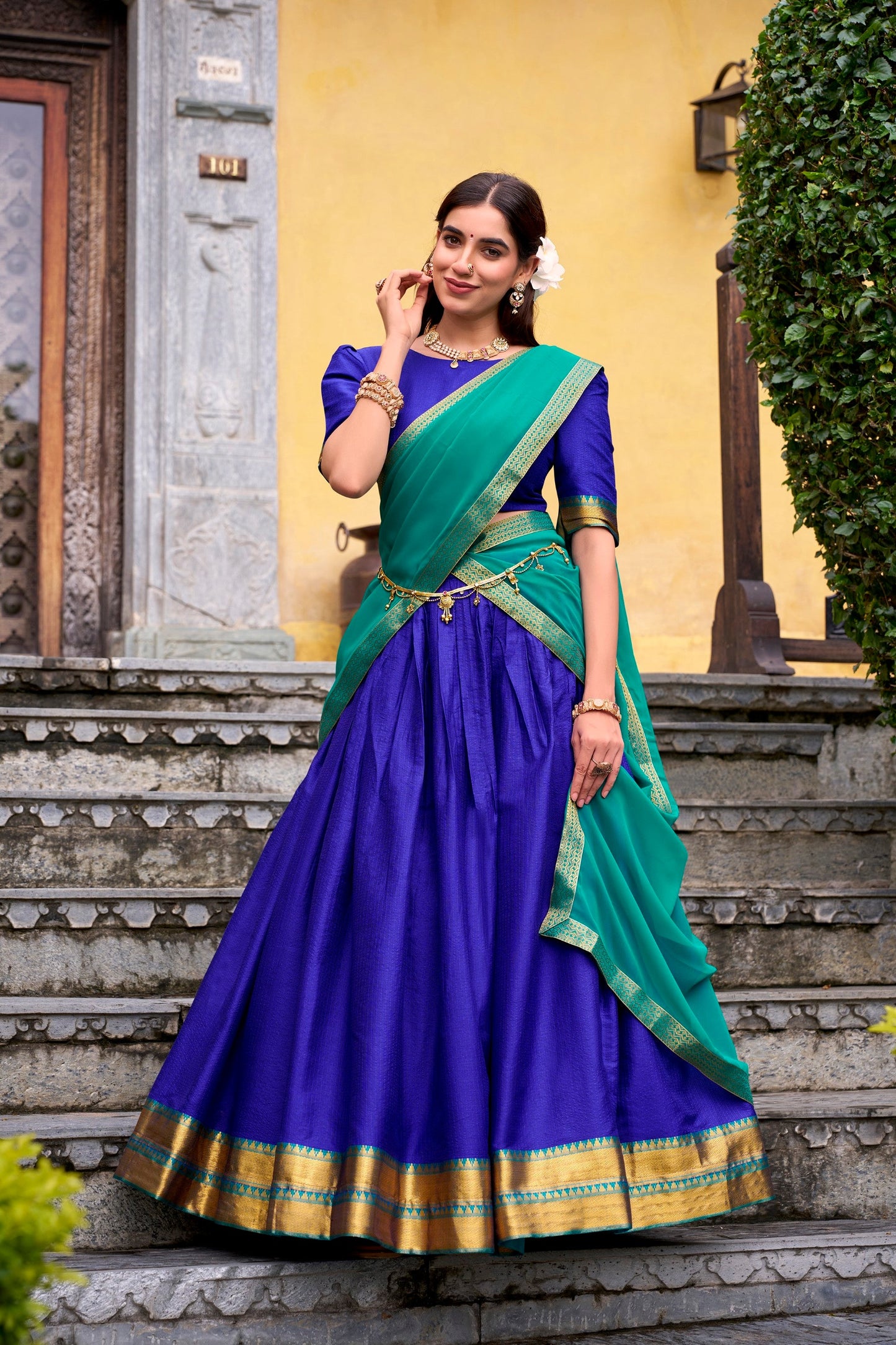 Lorenvalley Fashion Royalblue Poly Cotton Zari Weaving Work Lehenga Choli with Dupatta - Swadesiicart