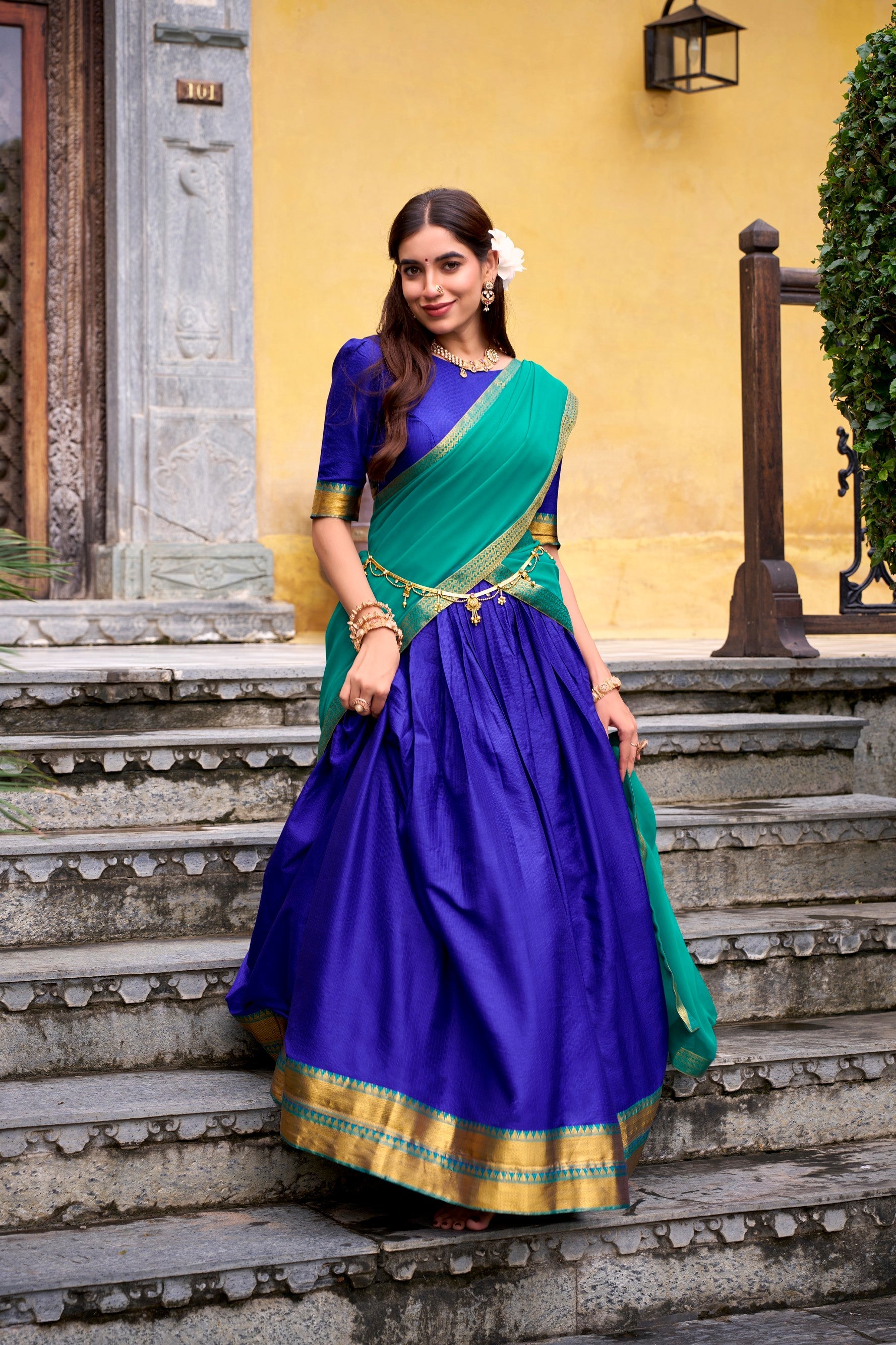 Lorenvalley Fashion Royalblue Poly Cotton Zari Weaving Work Lehenga Choli with Dupatta - Swadesiicart