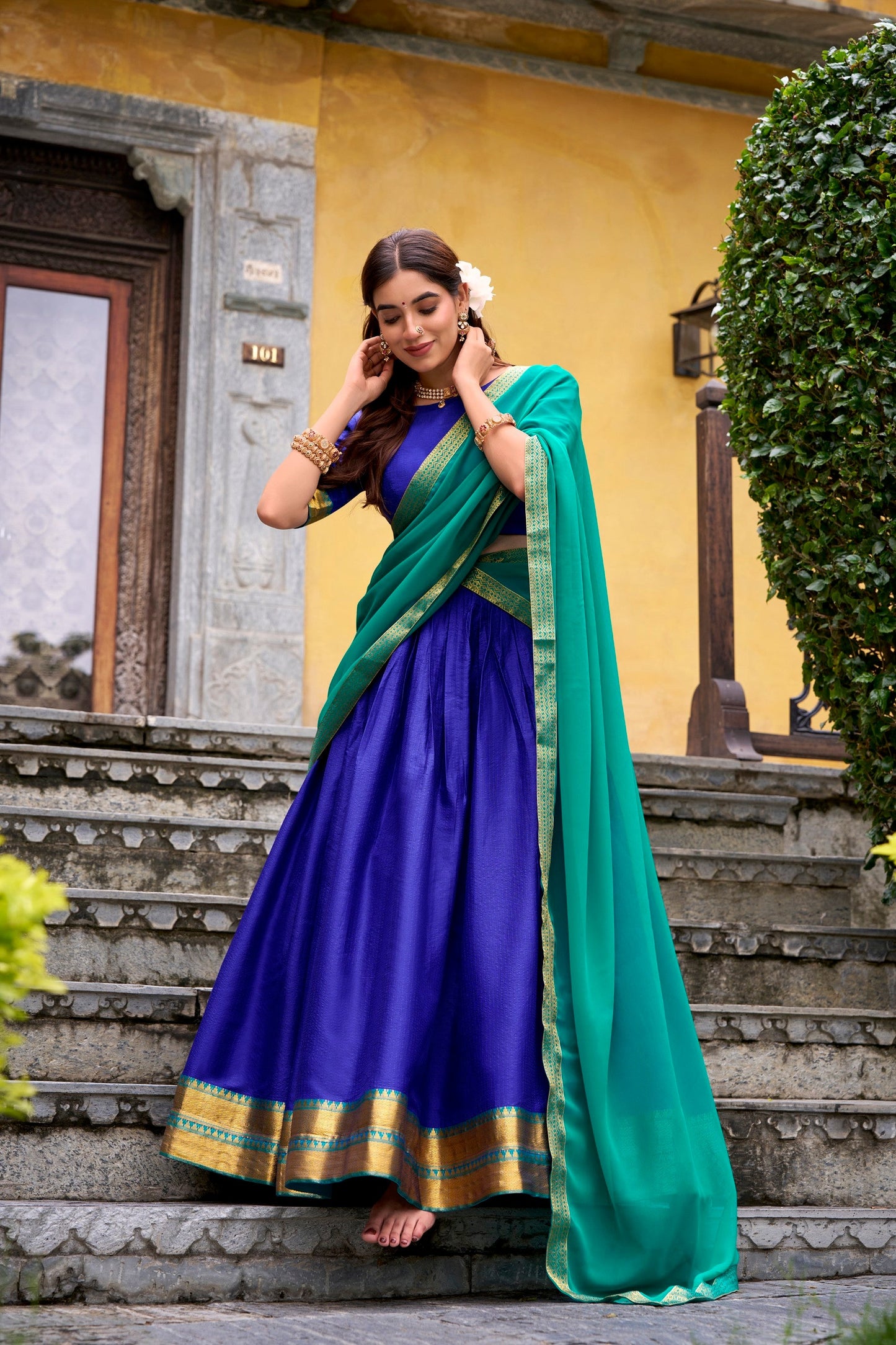 Lorenvalley Fashion Royalblue Poly Cotton Zari Weaving Work Lehenga Choli with Dupatta - Swadesiicart