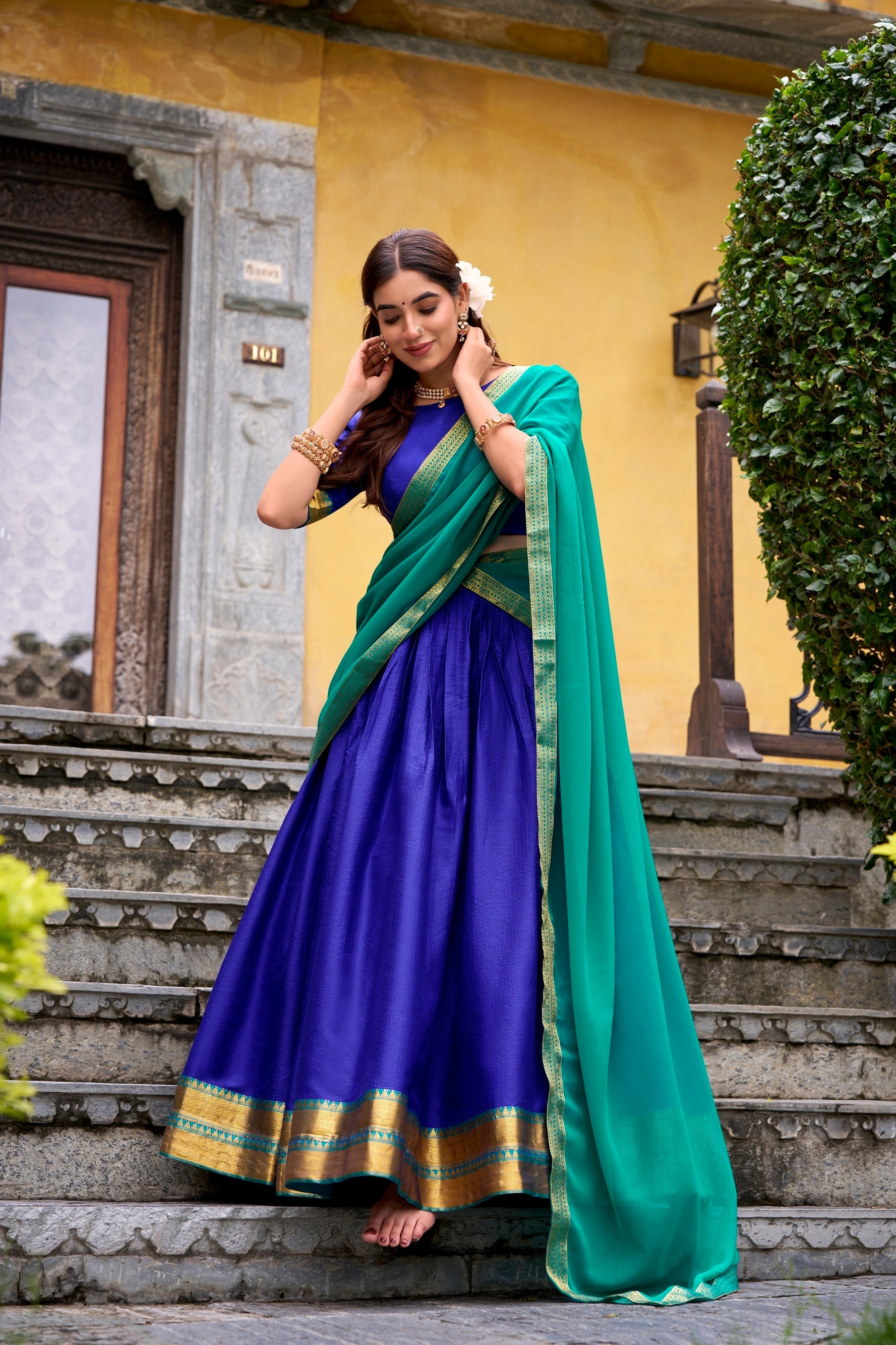 Lorenvalley Fashion Royalblue Poly Cotton Zari Weaving Work Lehenga Choli with Dupatta - Swadesiicart