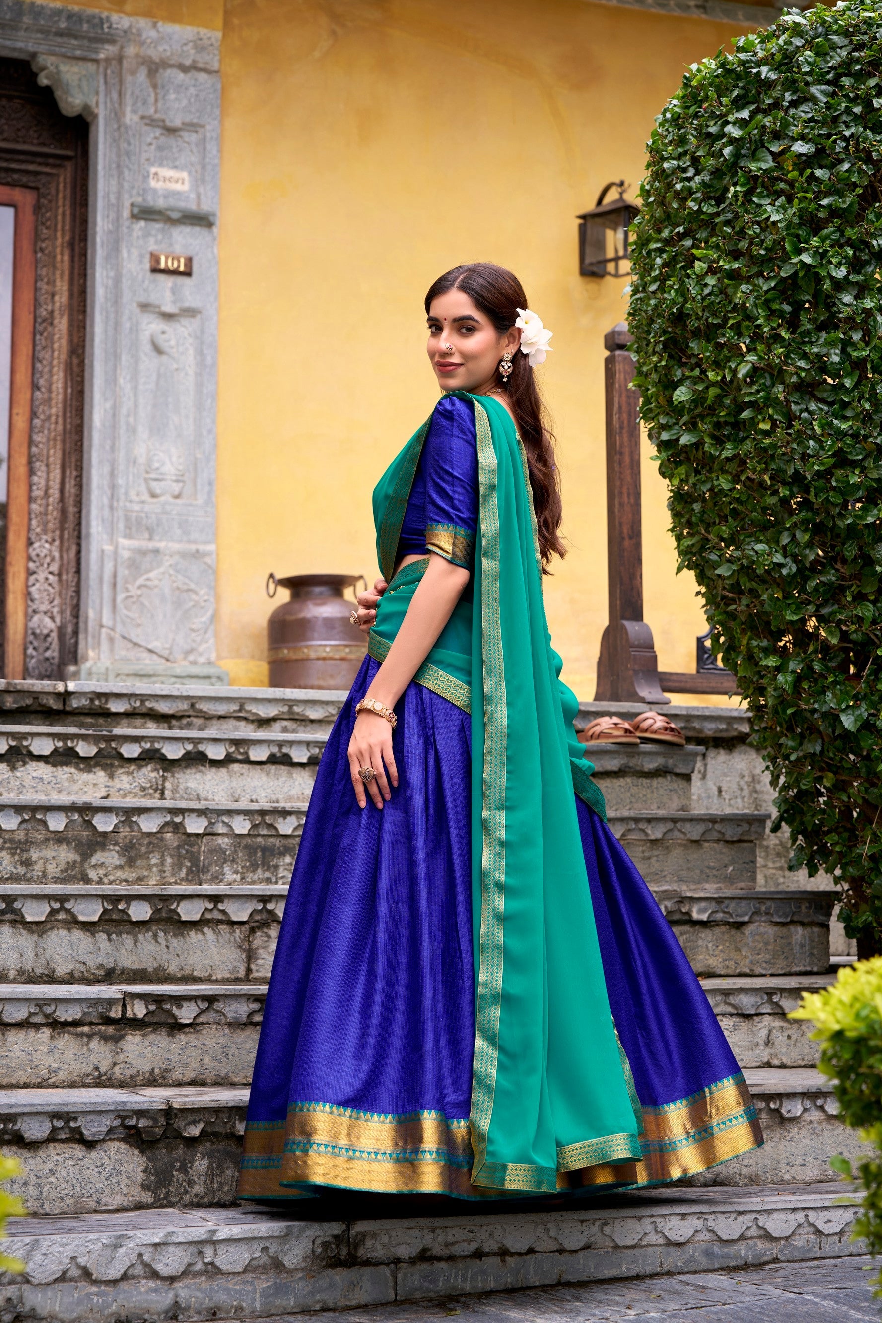 Lorenvalley Fashion Royalblue Poly Cotton Zari Weaving Work Lehenga Choli with Dupatta - Swadesiicart