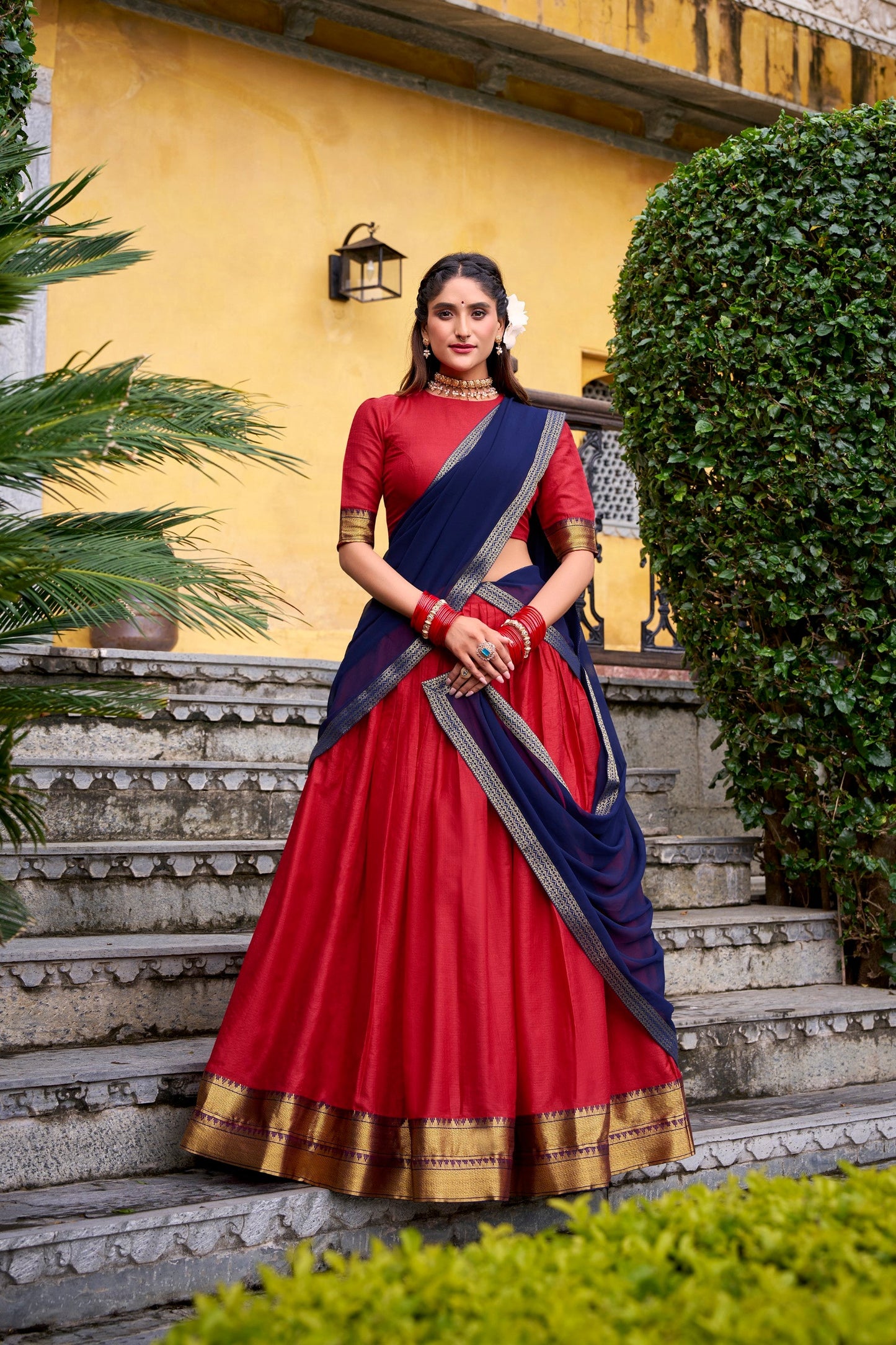 Lorenvalley Fashion Red Poly Cotton Zari Weaving Work Lehenga Choli with Dupatta - Swadesiicart