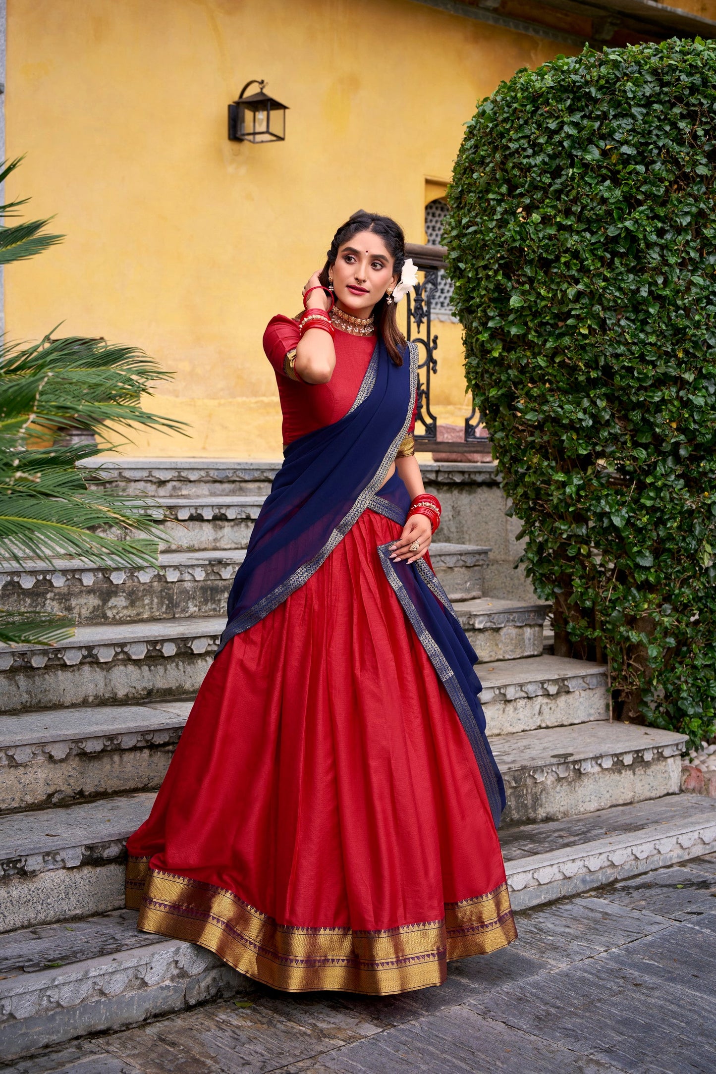 Lorenvalley Fashion Red Poly Cotton Zari Weaving Work Lehenga Choli with Dupatta - Swadesiicart