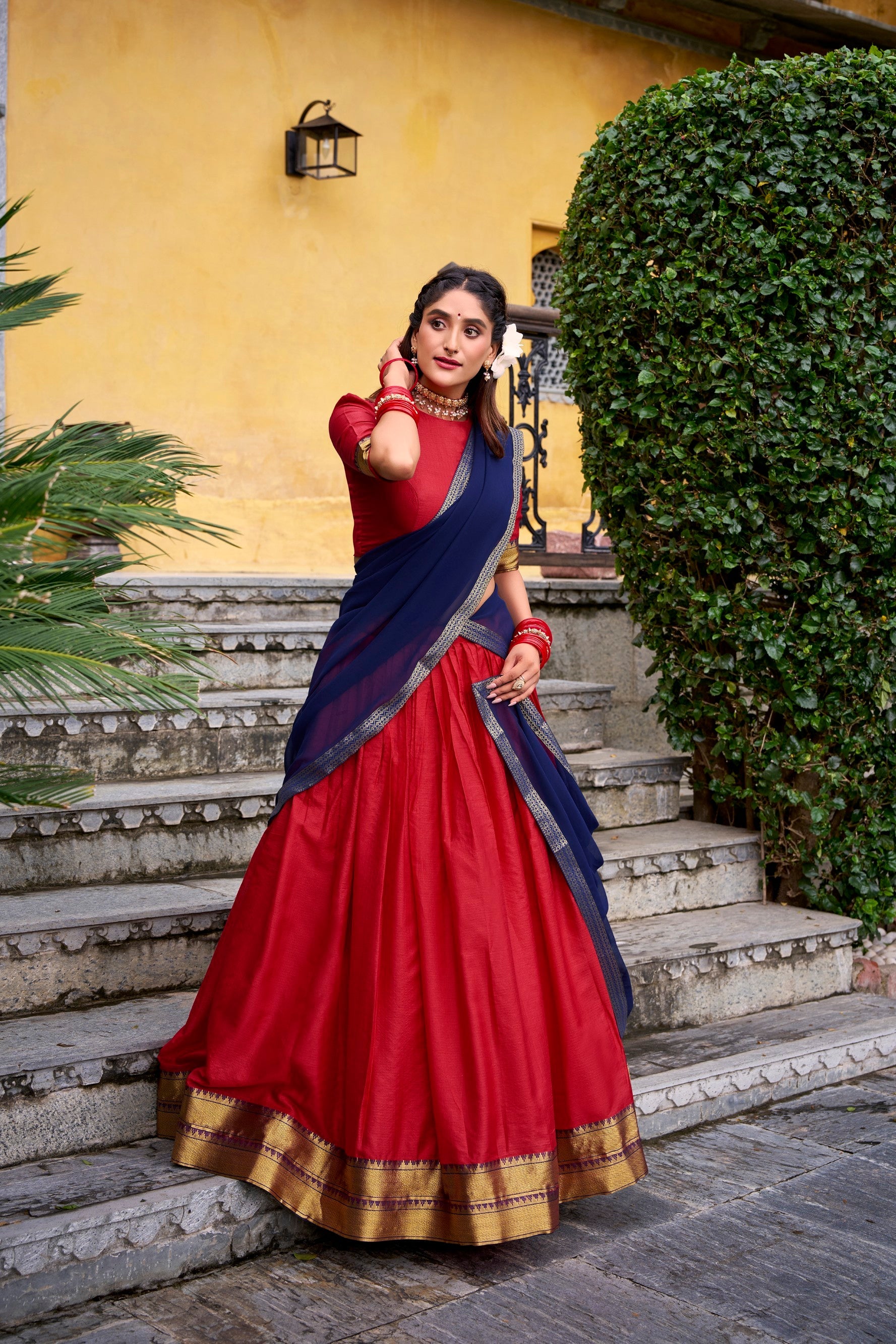 Lorenvalley Fashion Red Poly Cotton Zari Weaving Work Lehenga Choli with Dupatta - Swadesiicart