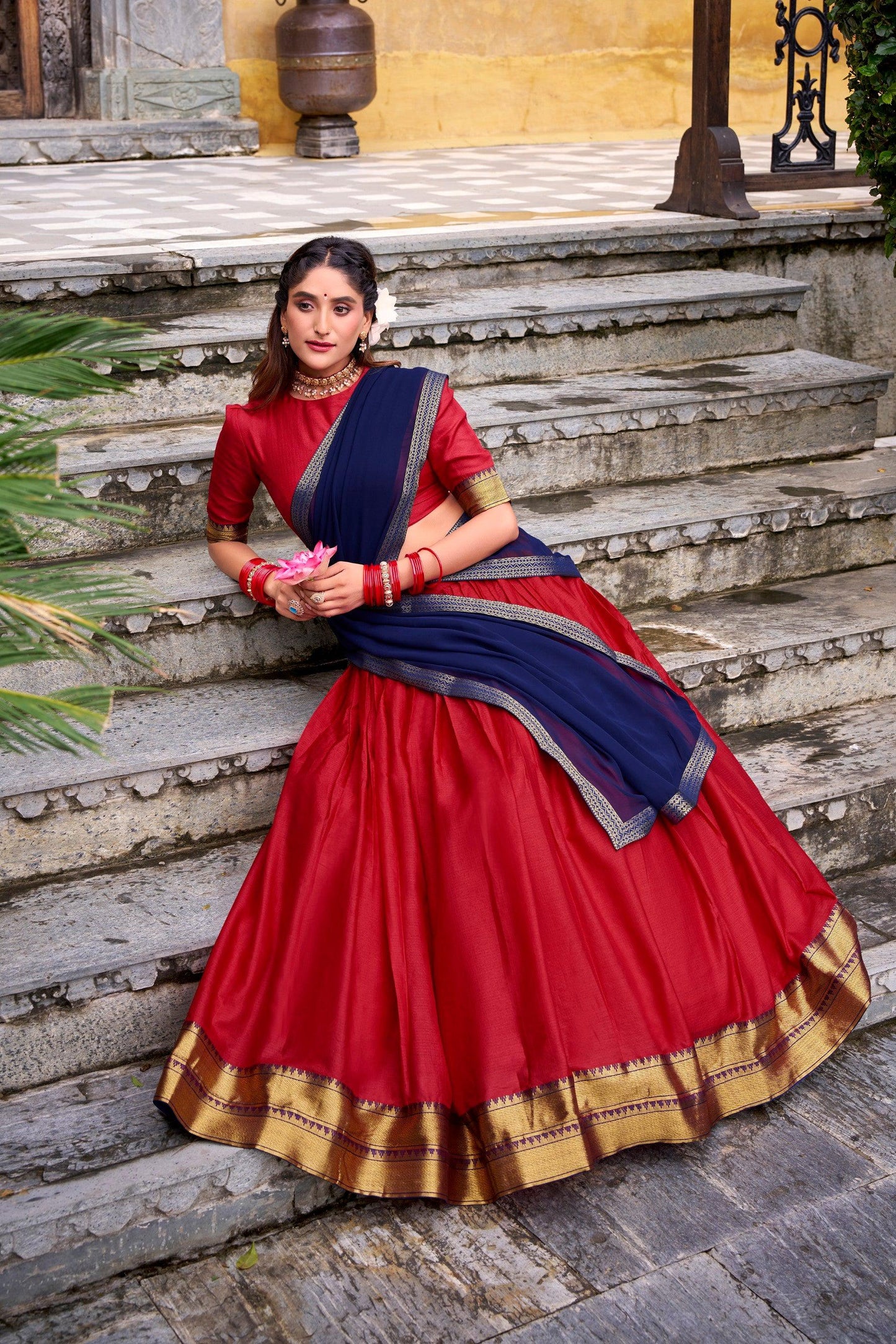 Lorenvalley Fashion Red Poly Cotton Zari Weaving Work Lehenga Choli with Dupatta - Swadesiicart