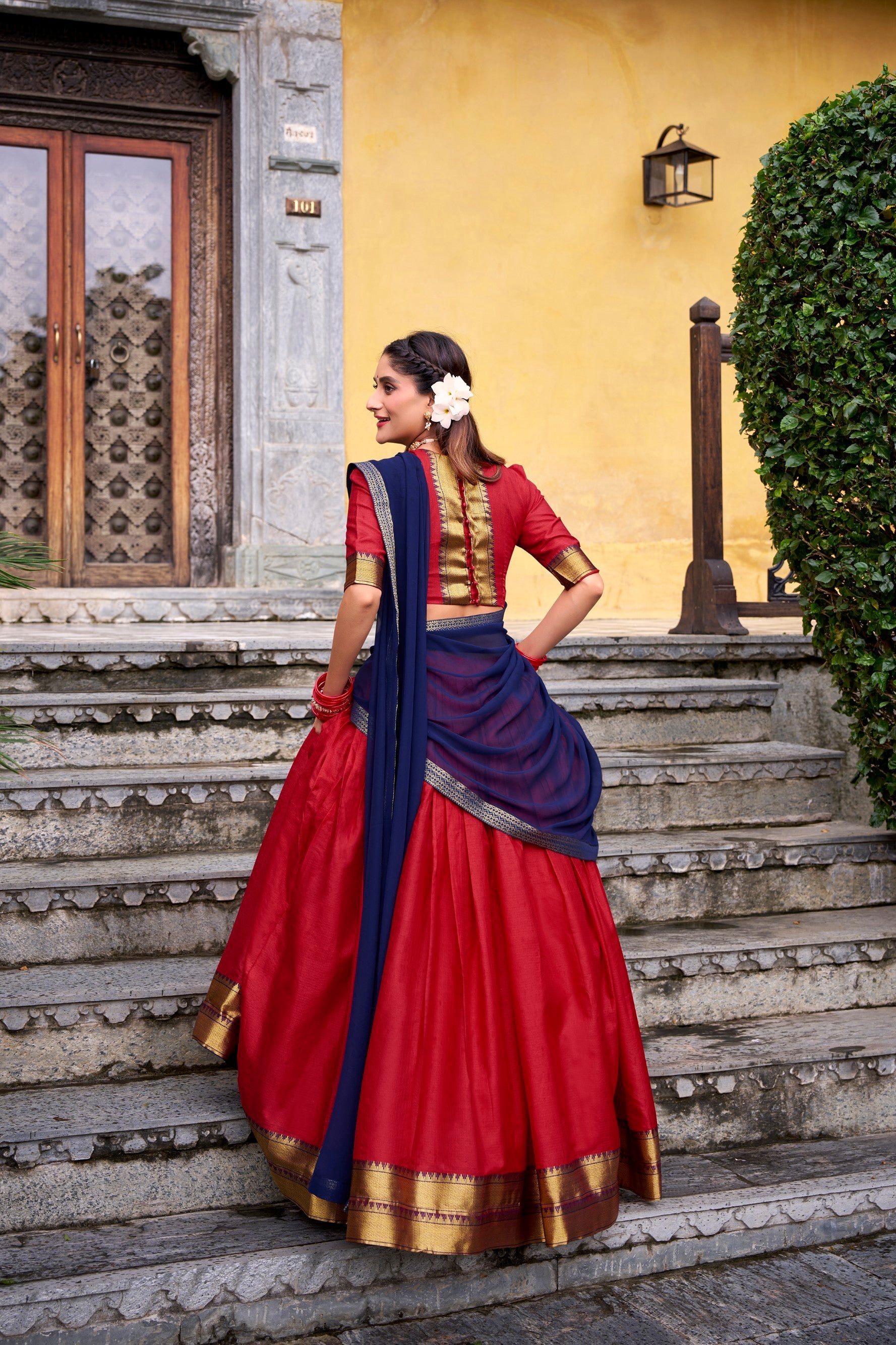Lorenvalley Fashion Red Poly Cotton Zari Weaving Work Lehenga Choli with Dupatta - Swadesiicart