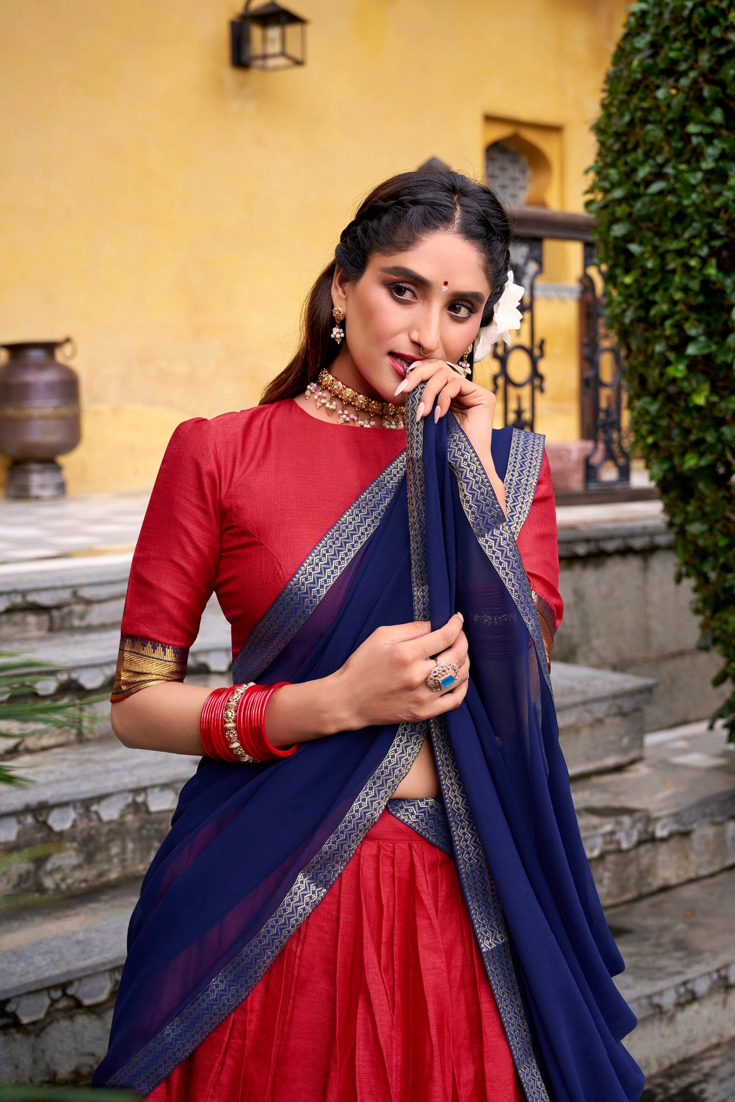 Lorenvalley Fashion Red Poly Cotton Zari Weaving Work Lehenga Choli with Dupatta - Swadesiicart