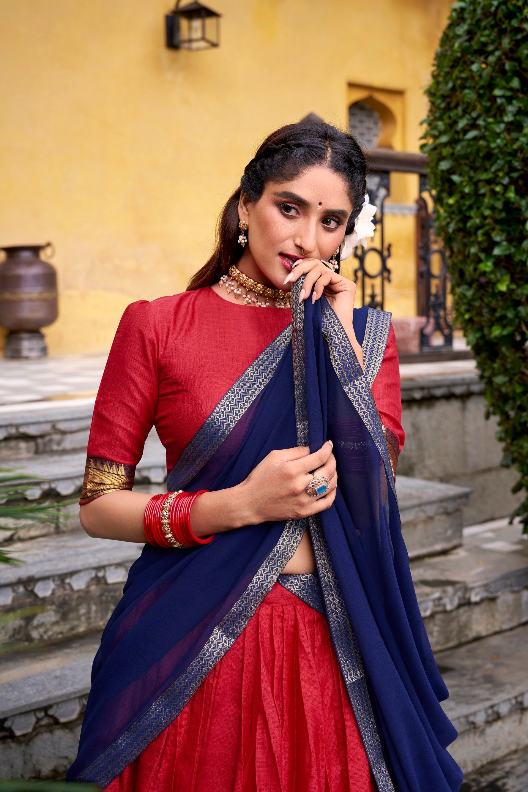 Lorenvalley Fashion Red Poly Cotton Zari Weaving Work Lehenga Choli with Dupatta - Swadesiicart