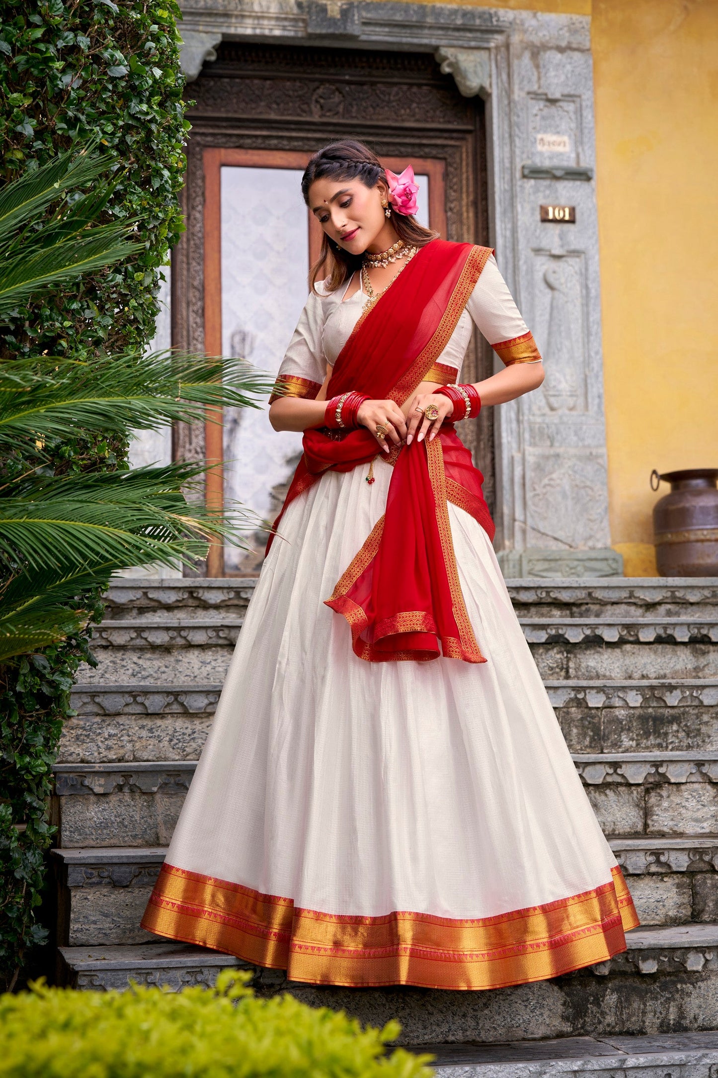 Lorenvalley Fashion White Poly Cotton Zari Weaving Work Lehenga Choli with Dupatta - Swadesiicart