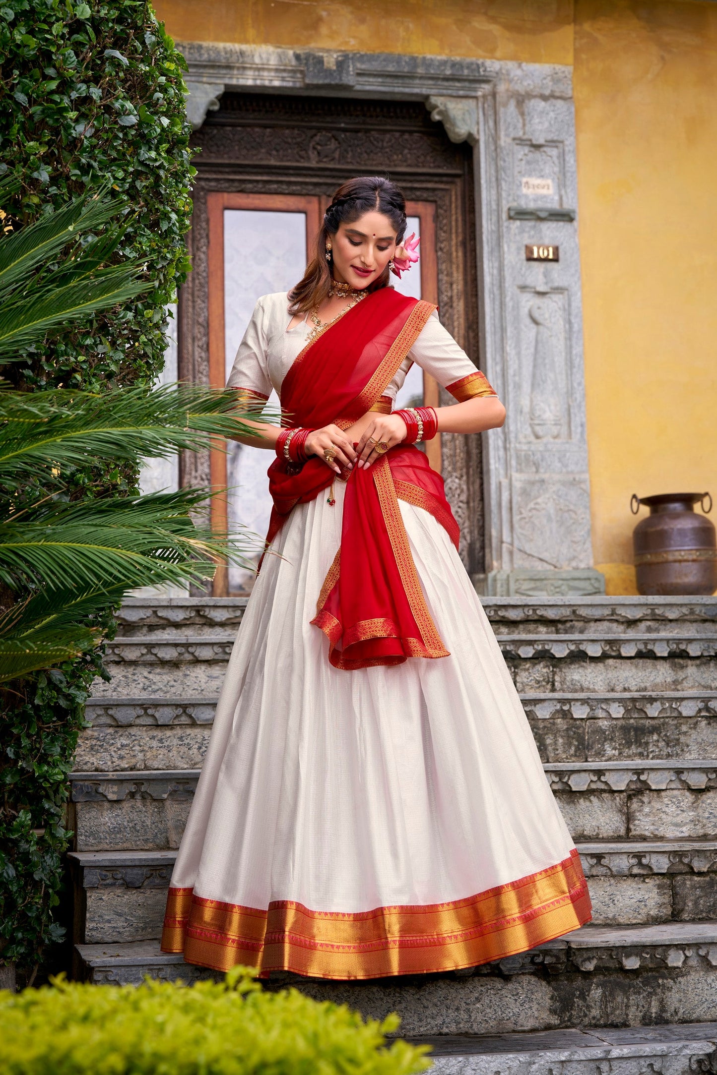 Lorenvalley Fashion White Poly Cotton Zari Weaving Work Lehenga Choli with Dupatta - Swadesiicart