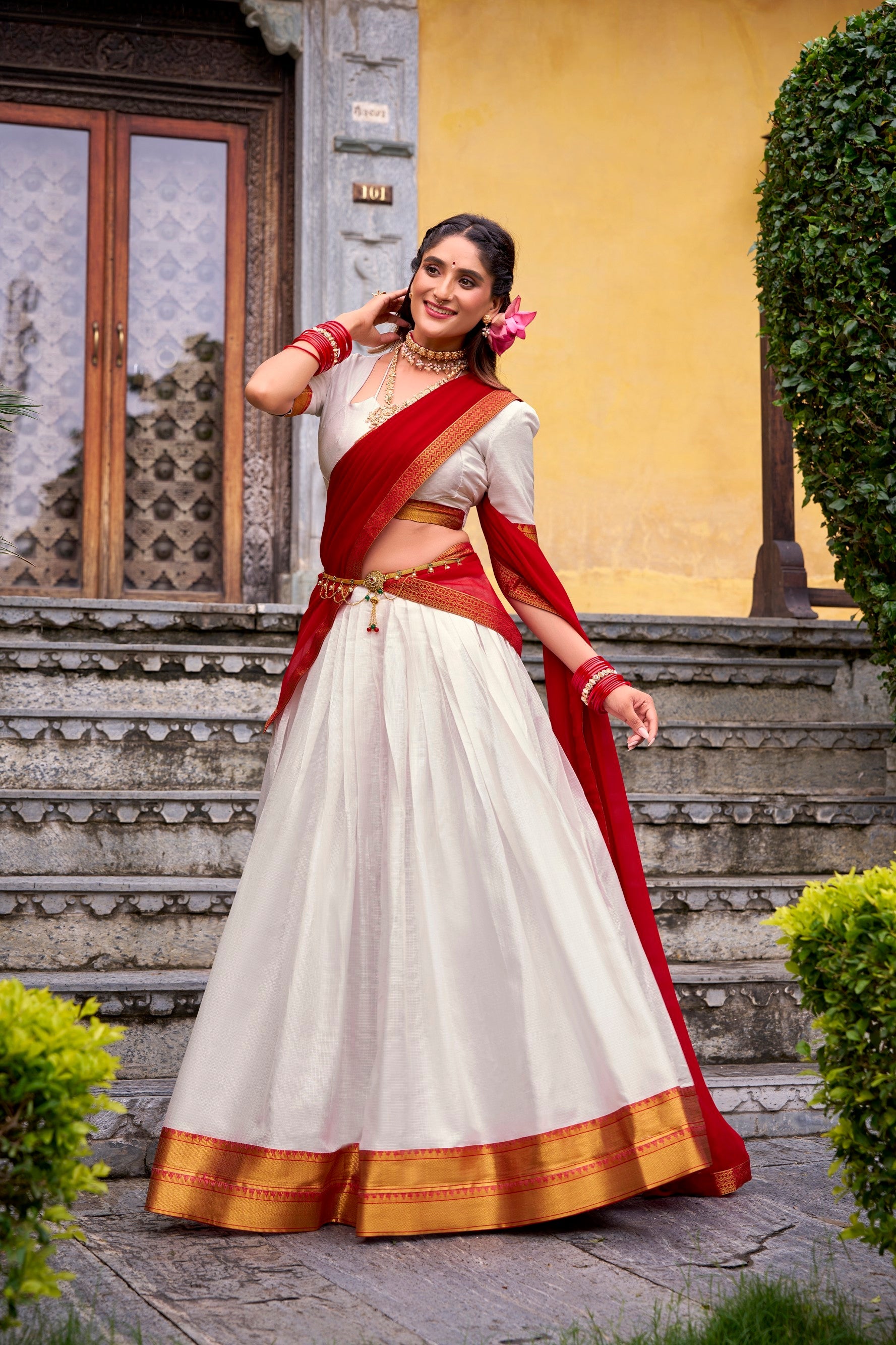 Lorenvalley Fashion White Poly Cotton Zari Weaving Work Lehenga Choli with Dupatta - Swadesiicart