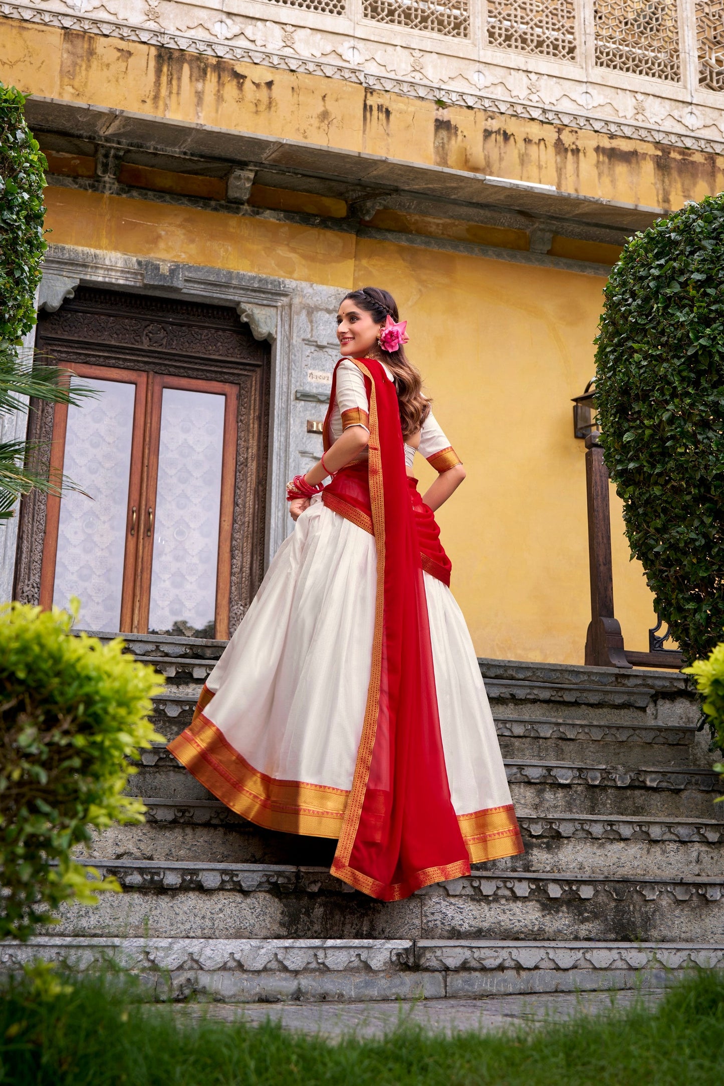 Lorenvalley Fashion White Poly Cotton Zari Weaving Work Lehenga Choli with Dupatta - Swadesiicart
