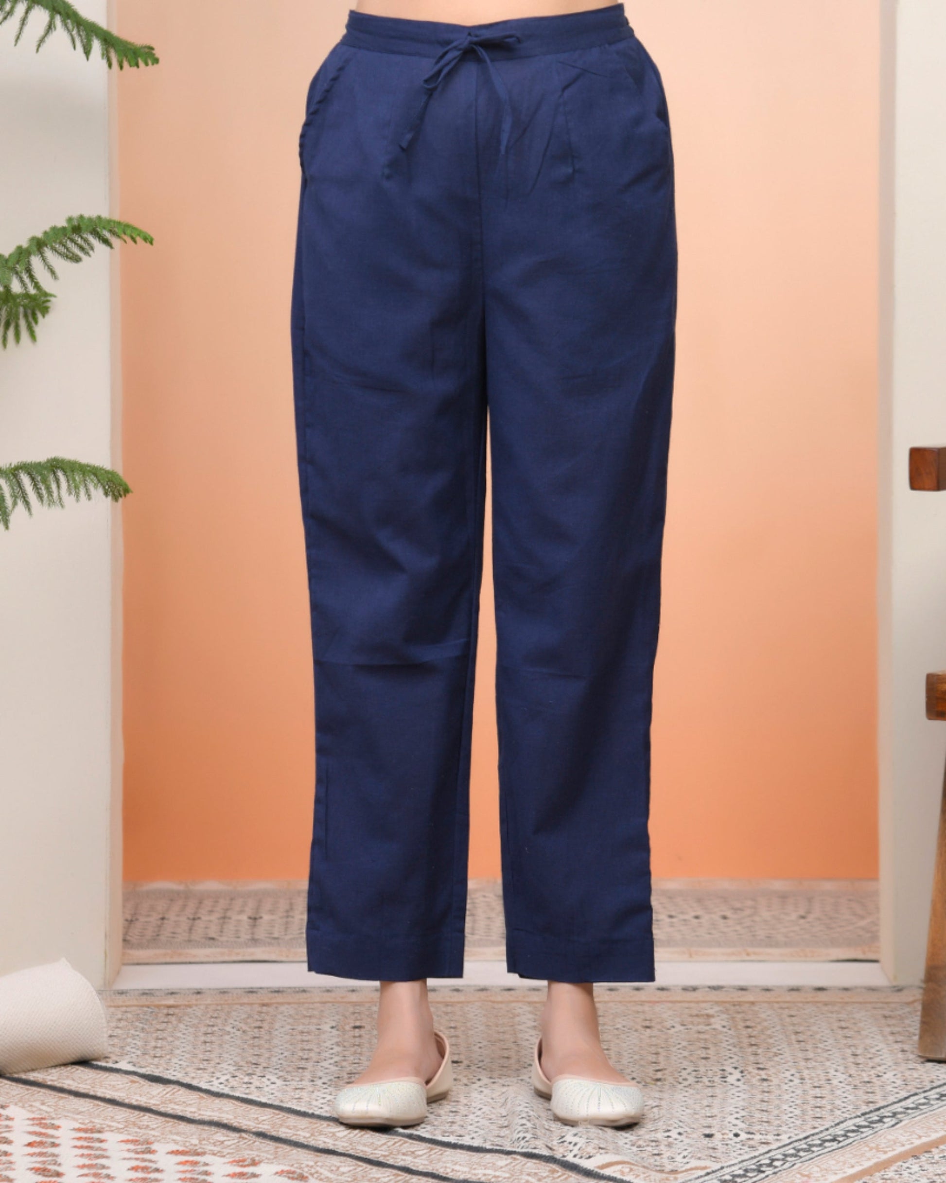 Vaasva Women Royal Blue Cotton Flax Solid Straight Pants | Swadesiicart