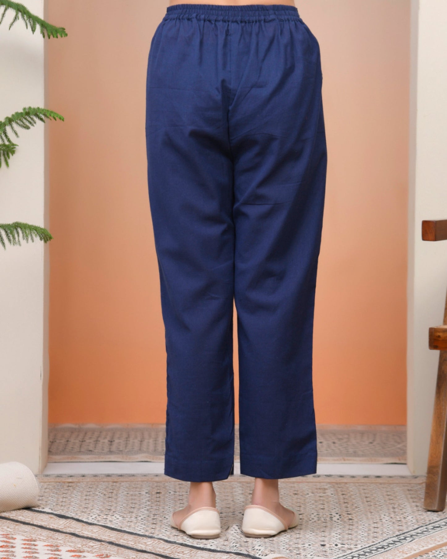 Vaasva Women Royal Blue Cotton Flax Solid Straight Pants | Swadesiicart