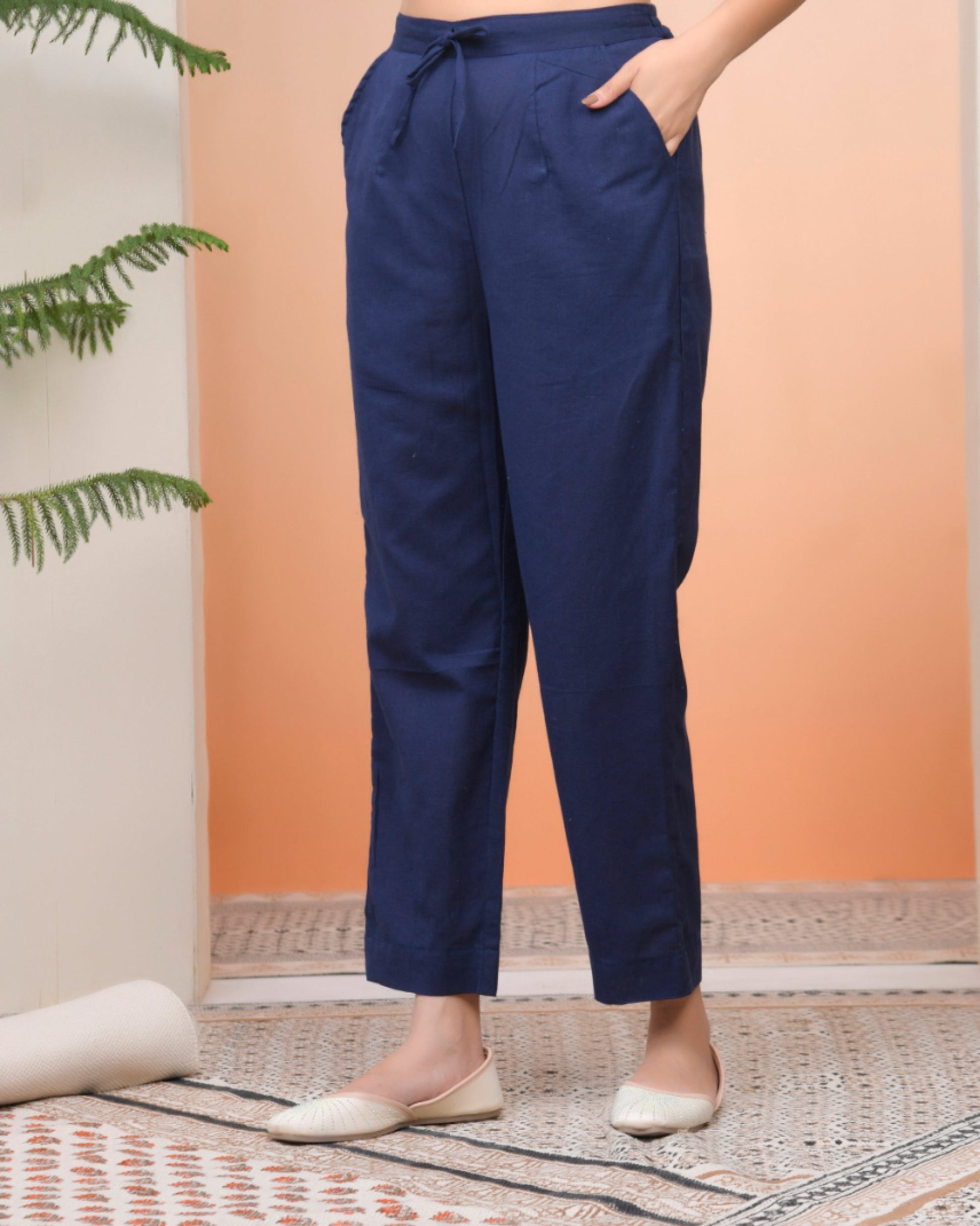 Vaasva Women Royal Blue Cotton Flax Solid Straight Pants | Swadesiicart