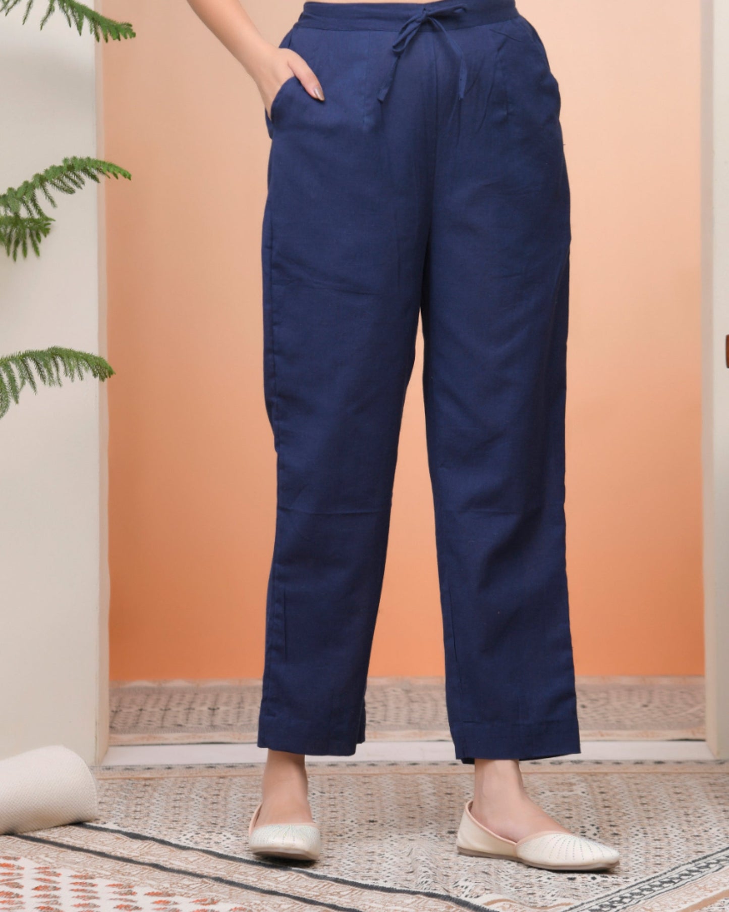 Vaasva Women Royal Blue Cotton Flax Solid Straight Pants | Swadesiicart
