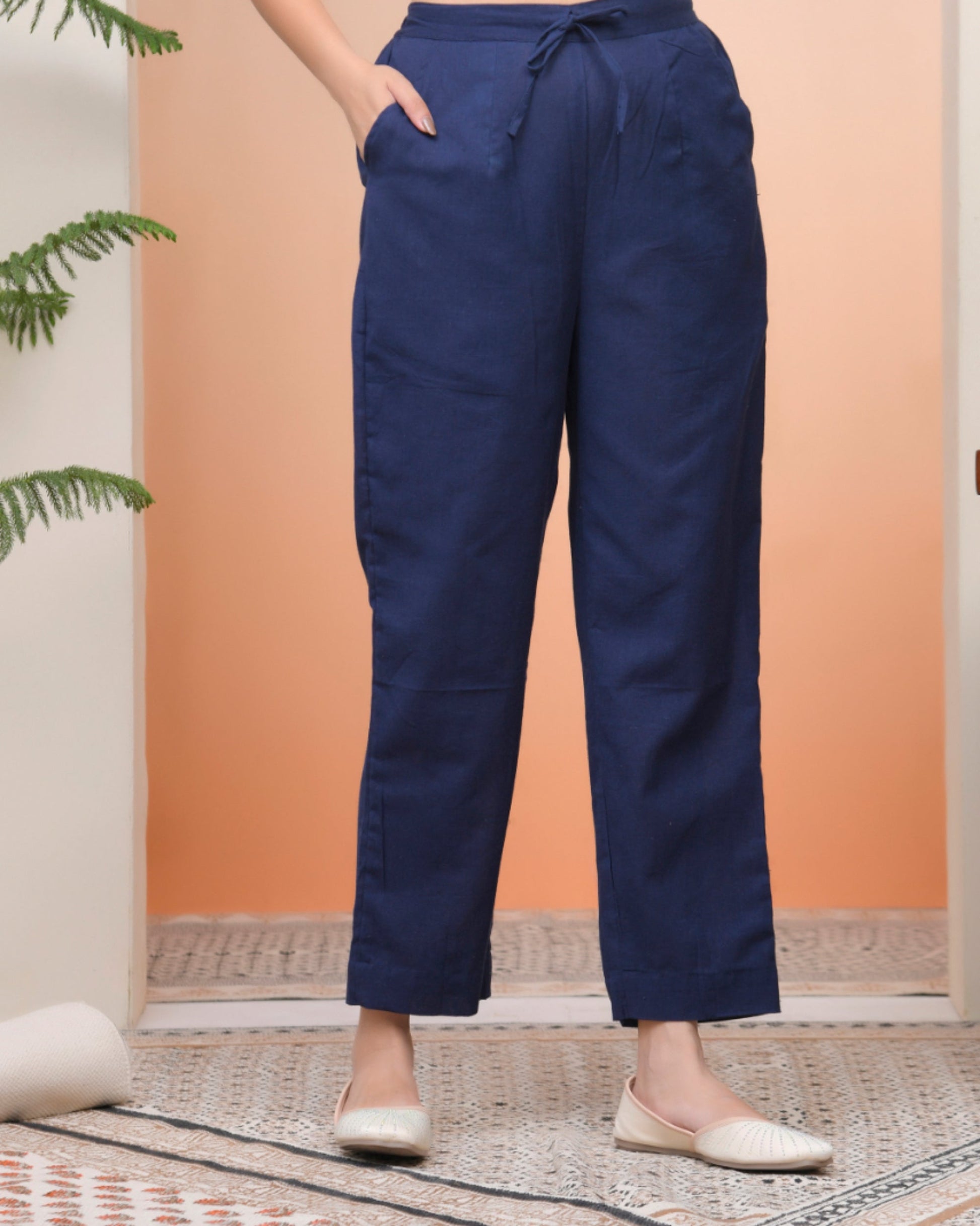 Vaasva Women Royal Blue Cotton Flax Solid Straight Pants | Swadesiicart