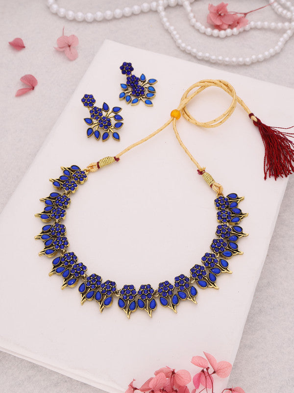Tehzeeb Creations Blue Colour Gold Pleated Stone Studded Necklace With Earrings - Swadesiicart