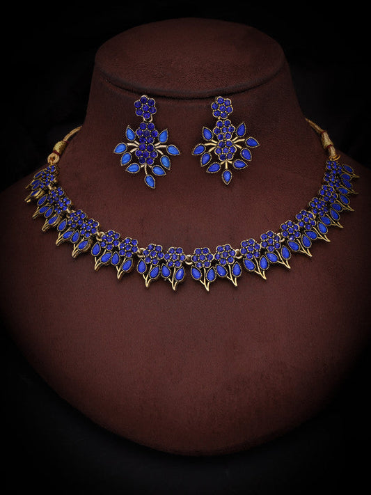 Tehzeeb Creations Blue Colour Gold Pleated Stone Studded Necklace With Earrings - Swadesiicart