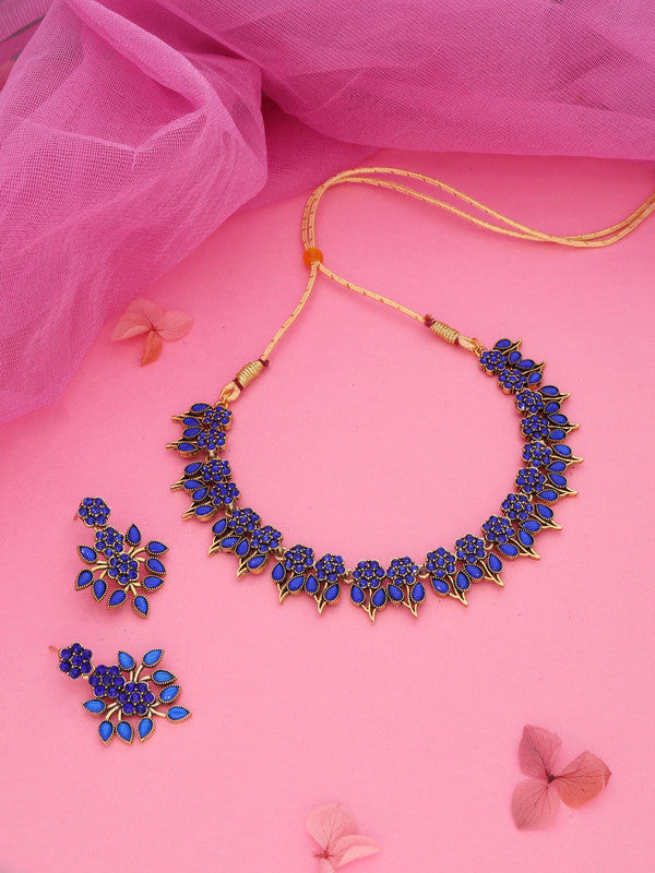 Tehzeeb Creations Blue Colour Gold Pleated Stone Studded Necklace With Earrings - Swadesiicart