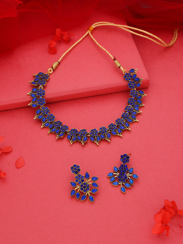Tehzeeb Creations Blue Colour Gold Pleated Stone Studded Necklace With Earrings - Swadesiicart