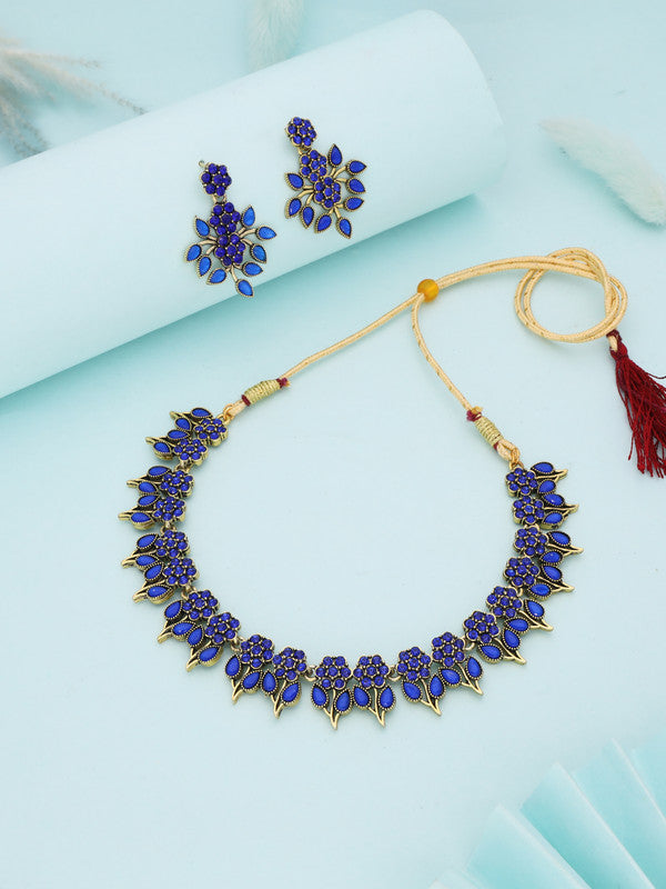 Tehzeeb Creations Blue Colour Gold Pleated Stone Studded Necklace With Earrings - Swadesiicart