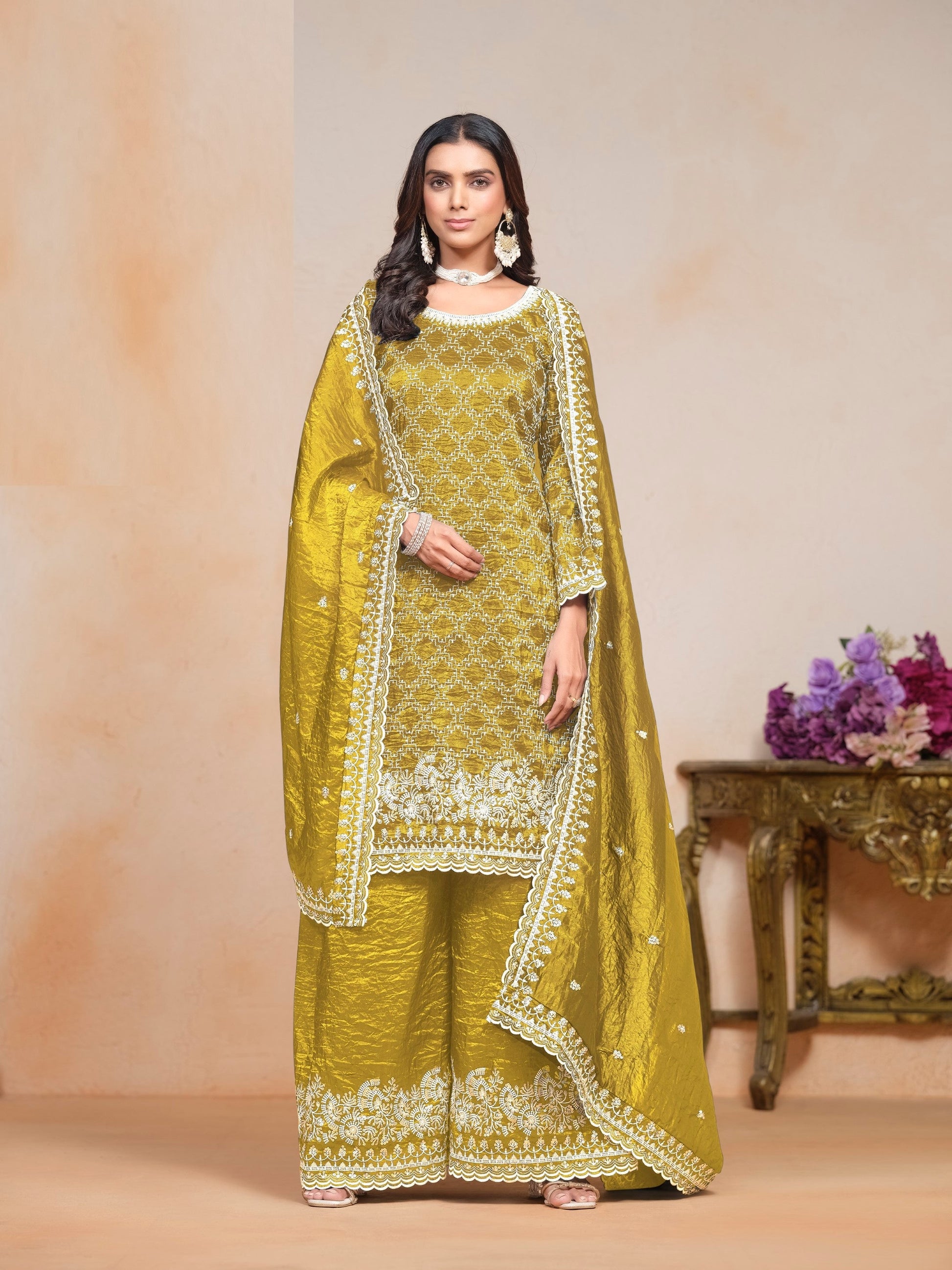 Anaita Mehendi Embroidered Gold Crush Salwar Suit