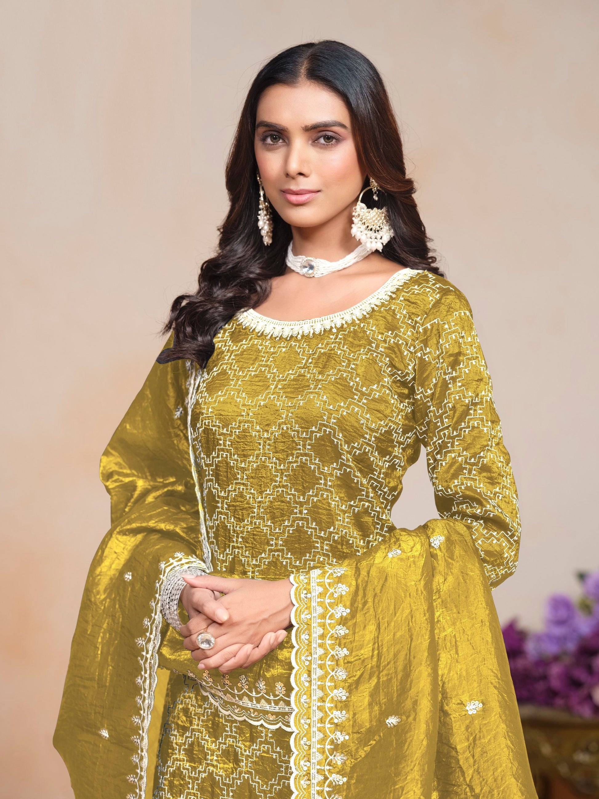 Anaita Mehendi Embroidered Gold Crush Salwar Suit