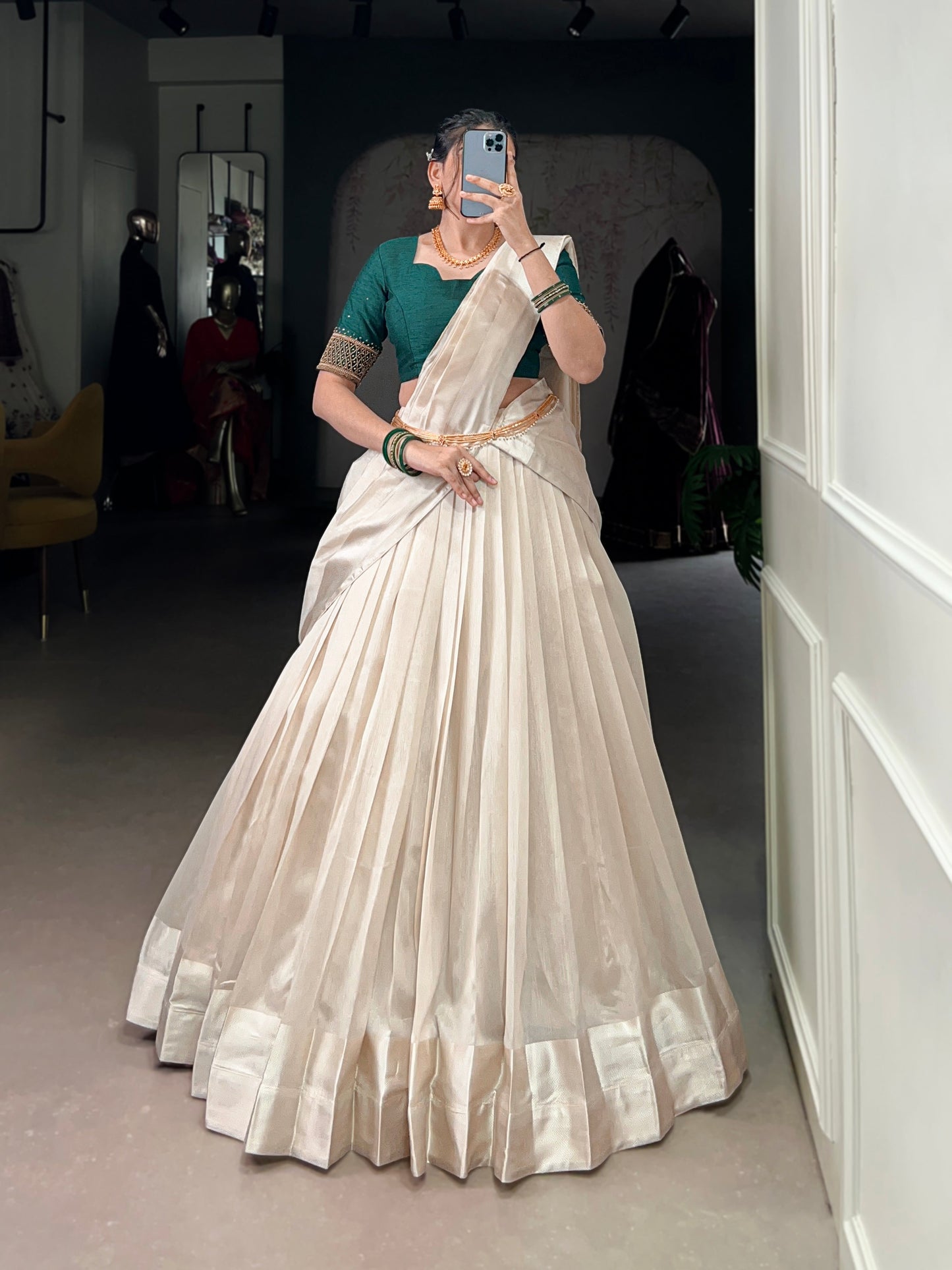 Lorenvalley Fashion White Poly Tasar Viscose Border Lehenga Choli with Dupatta | Swadesiicart