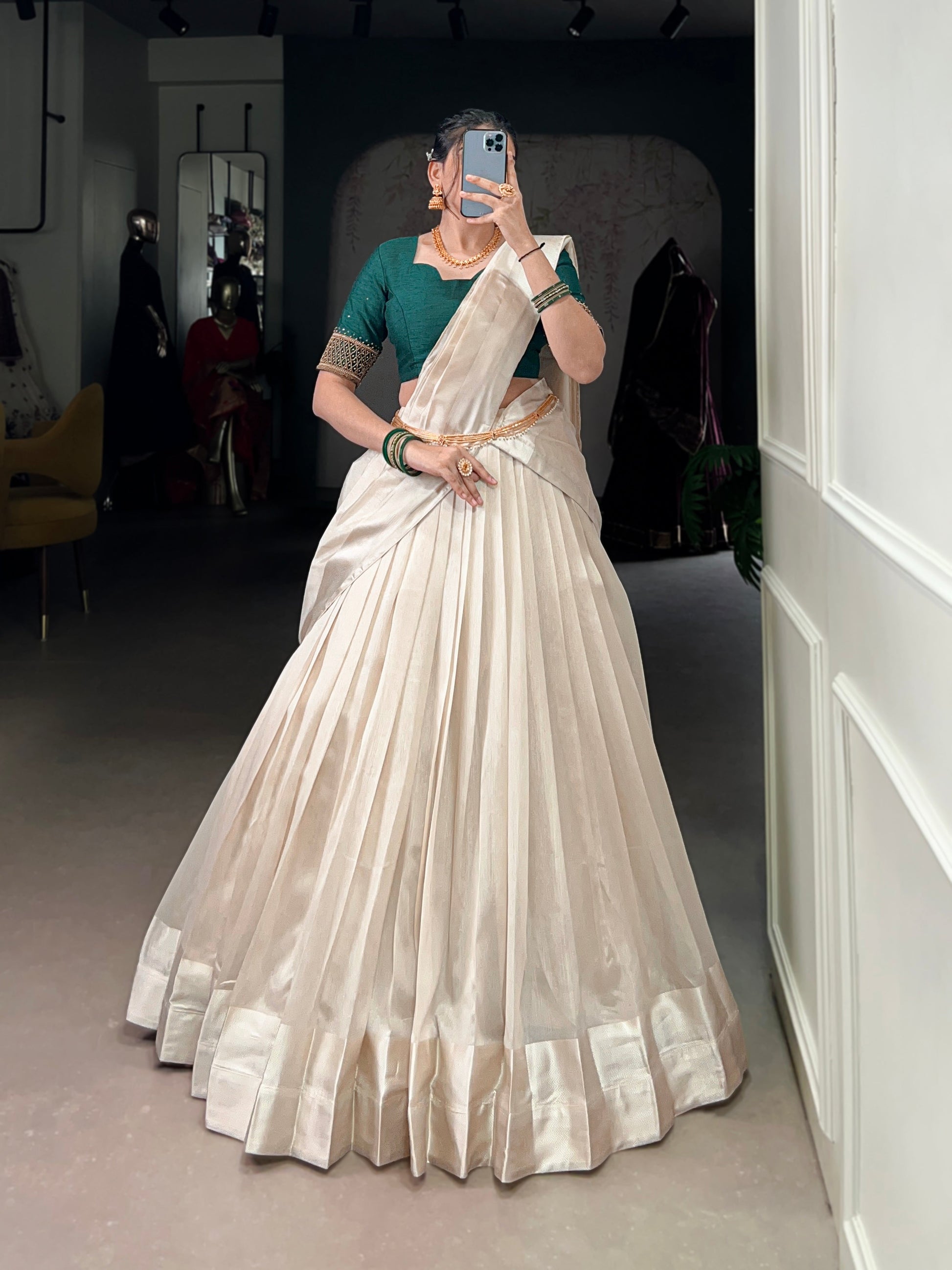 Lorenvalley Fashion White Poly Tasar Viscose Border Lehenga Choli with Dupatta | Swadesiicart