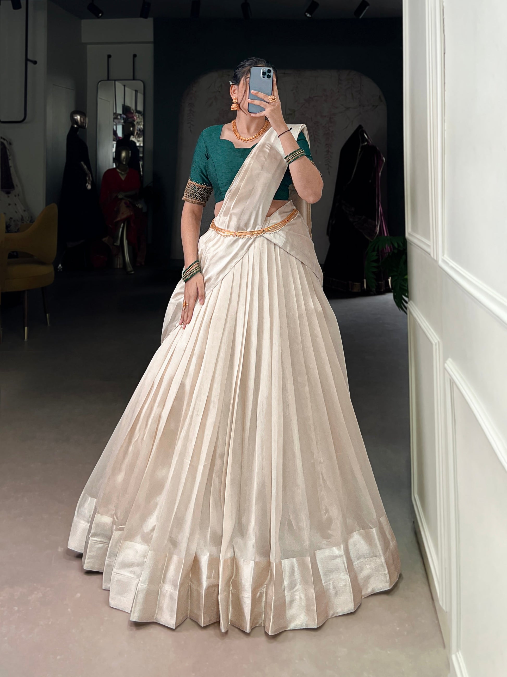 Lorenvalley Fashion White Poly Tasar Viscose Border Lehenga Choli with Dupatta | Swadesiicart