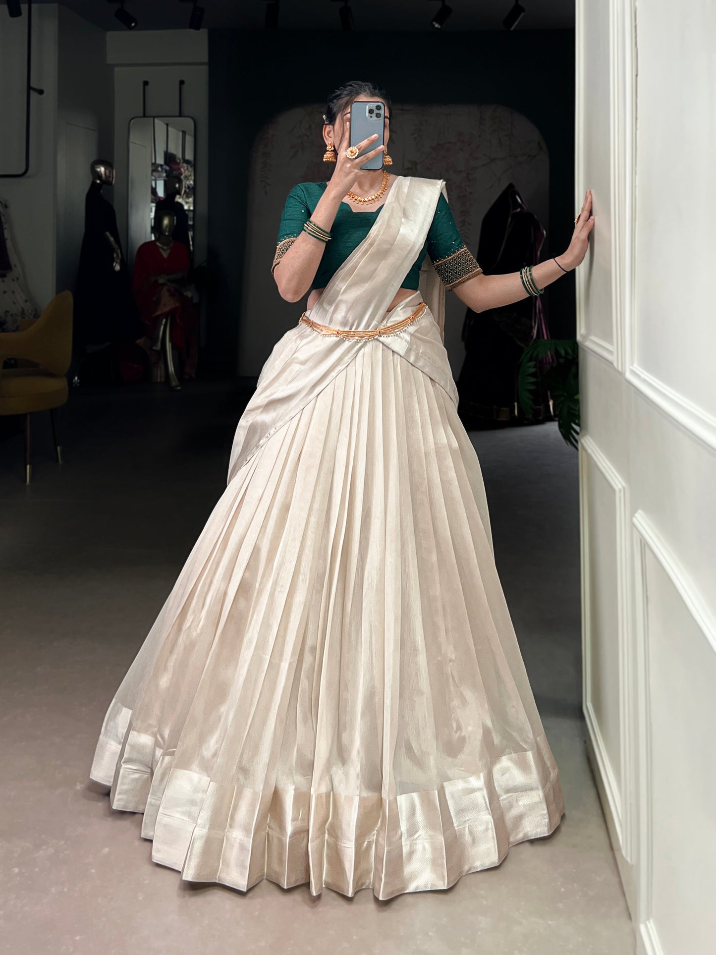Lorenvalley Fashion White Poly Tasar Viscose Border Lehenga Choli with Dupatta | Swadesiicart
